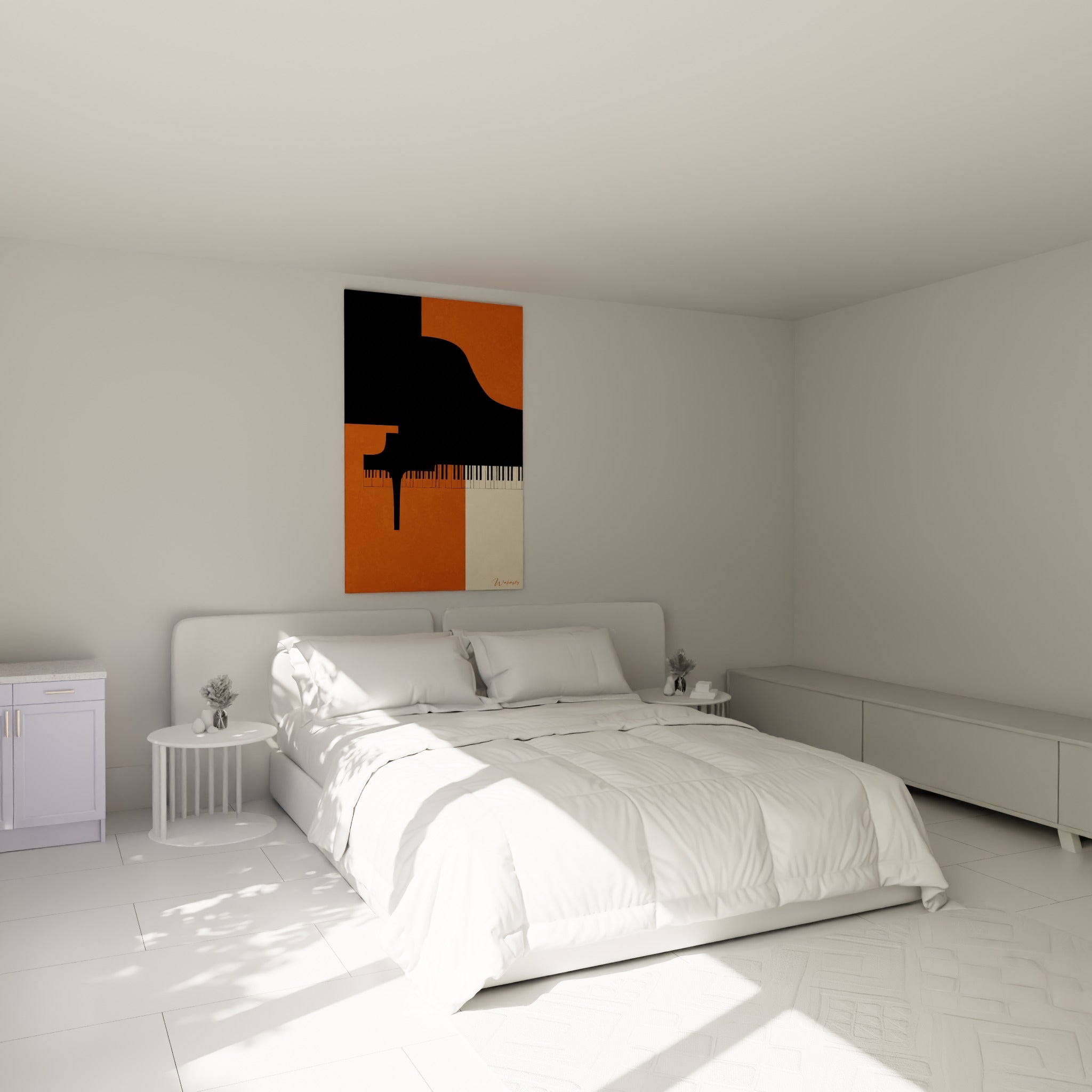 Piano graphique noir et terracotta accroché au-dessus d'un lit dans une chambre claire