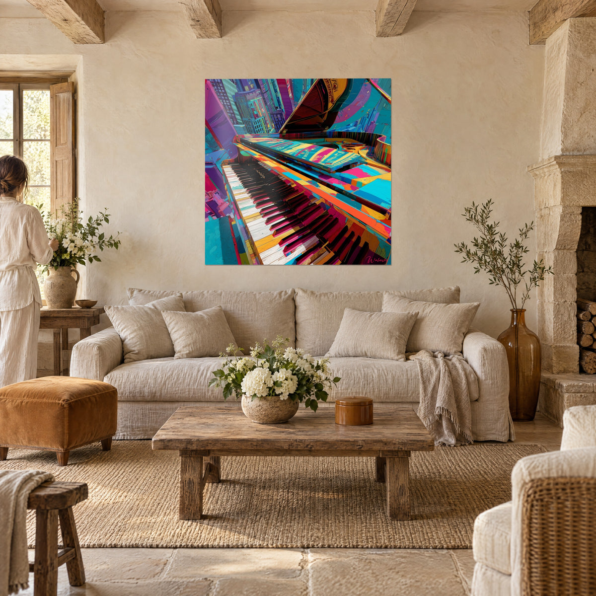 Cuadro piano de cola con teclas magenta y marfil, rascacielos turquesa vertiginoso, sobre un sofá en un salón luminoso