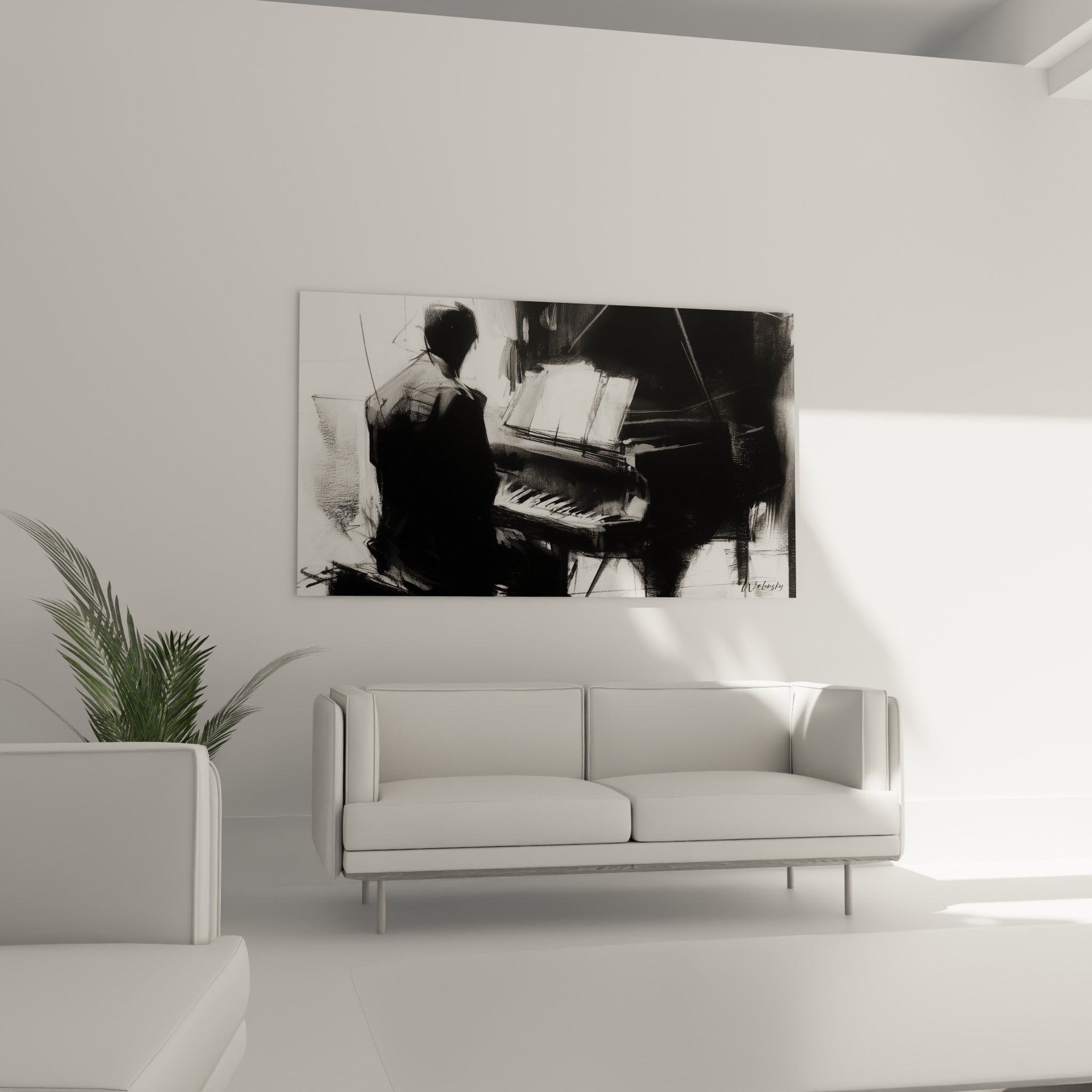 Silhouette sombre penchée sur un piano, clavier blanc éclatant, suspendue au-dessus d'un canapé dans un salon lumineux
