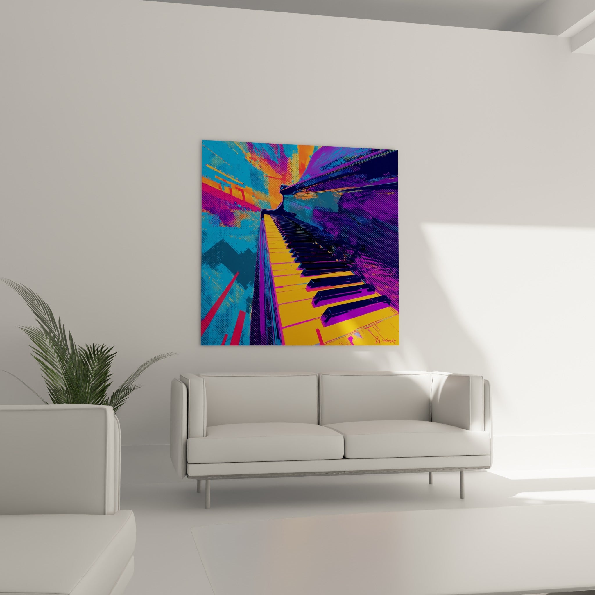 Clavier orange et violet traité en pop art, au-dessus d'un canapé dans un salon lumineux