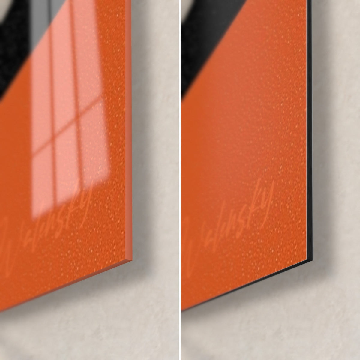Cuadro silueta de piano, esquina inferior derecha: cristal brillante con reflejos de ventana, Dibond mate naranja, canto negro