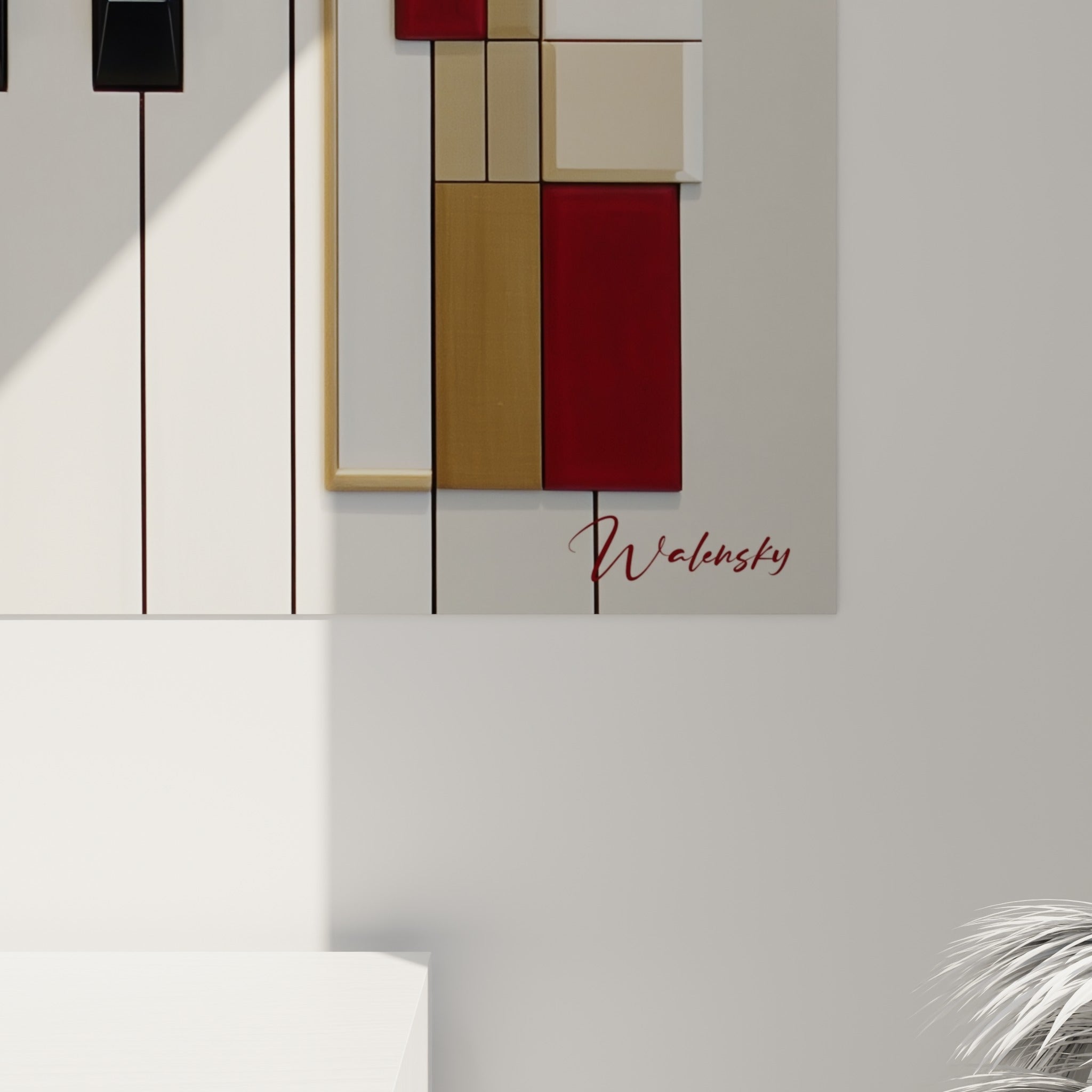 Détail des reliefs laqués rouge et noir avec fines lignes dorées et grain de la matière du tableau piano