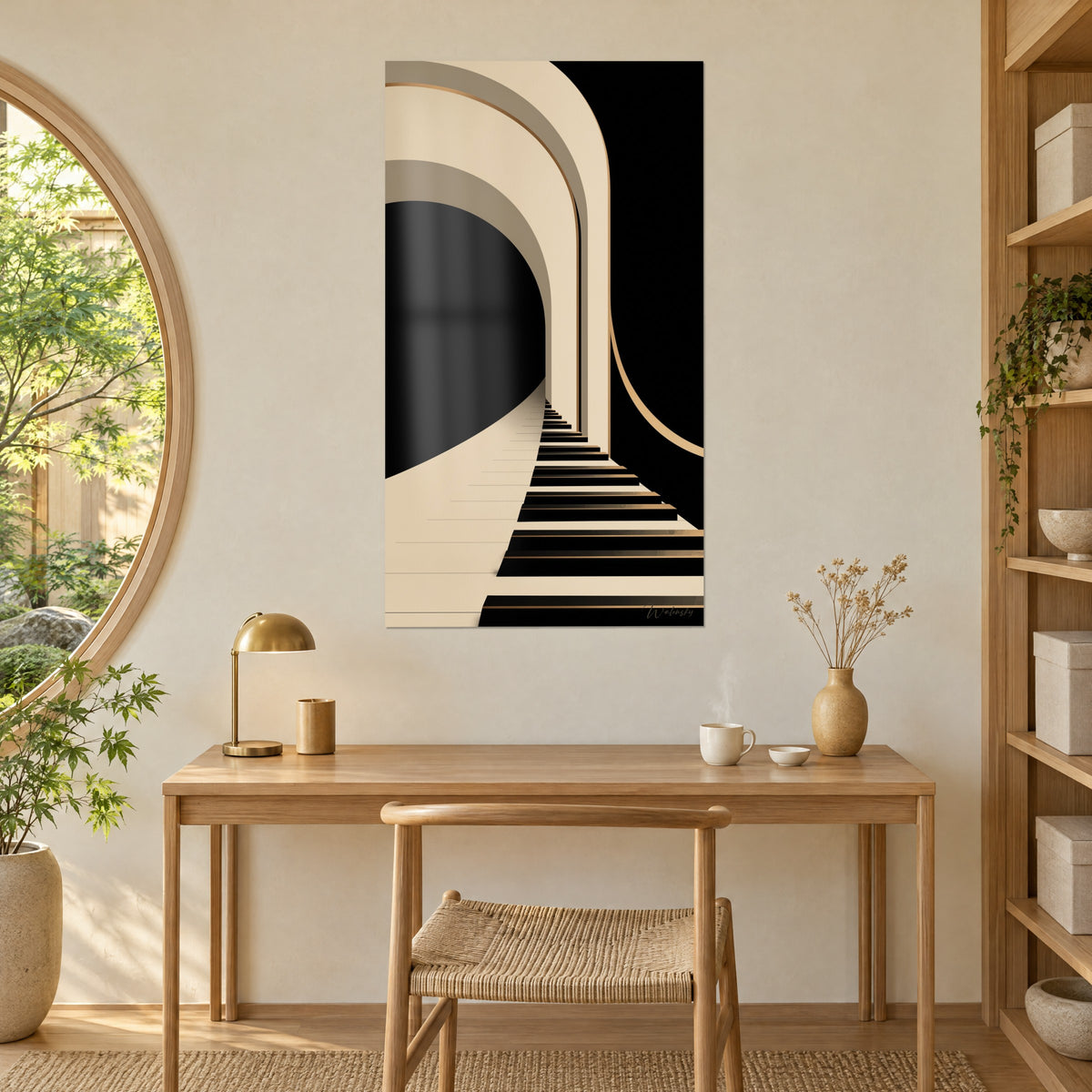 Gemälde grafische Musikkomposition, sandfarbener Bogen auf schwarzem Grund, Klaviatur in Elfenbein und Gold, an der Wand eines Arbeitszimmers aus hellem Holz