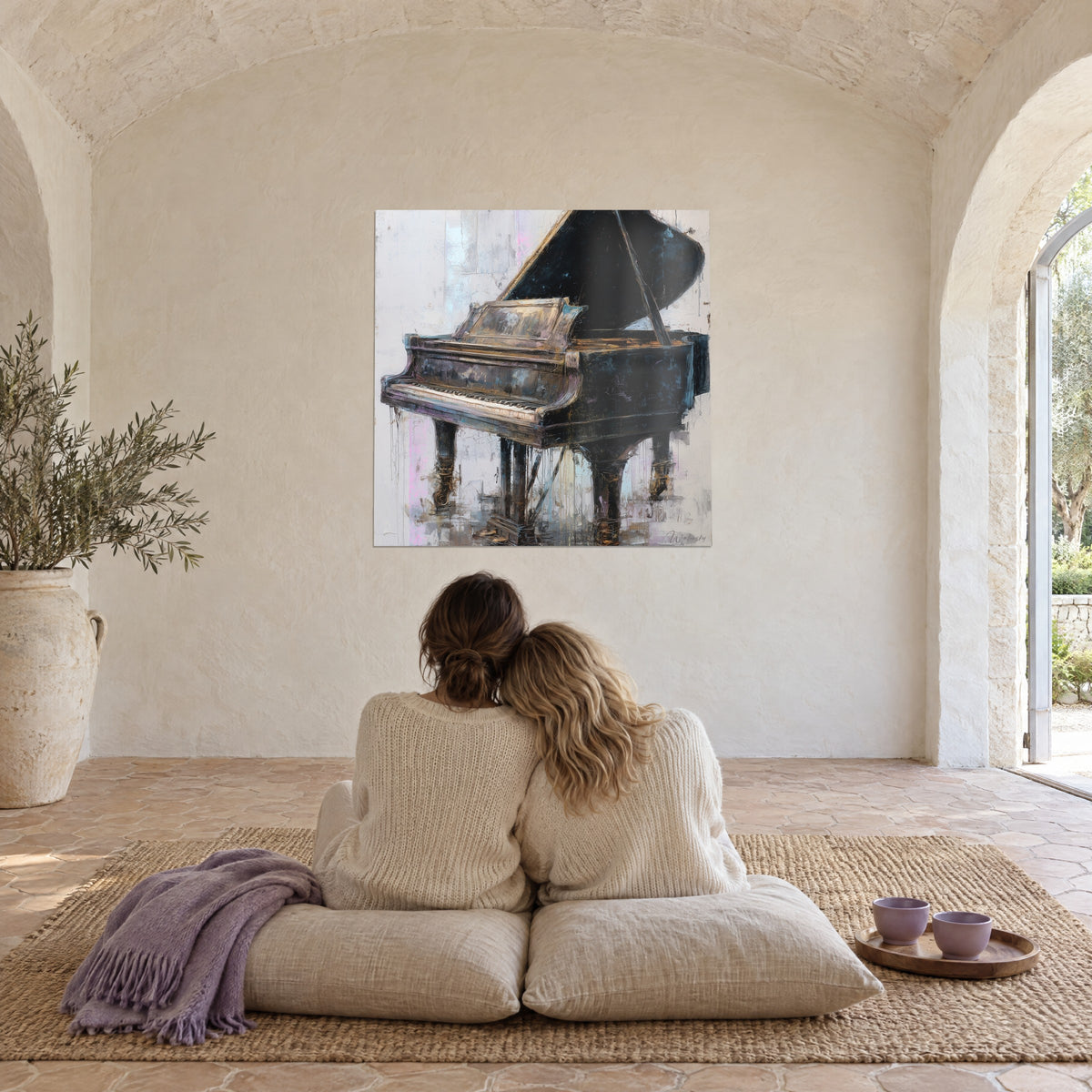 Quadro pianoforte a coda scuro con riflessi dorati e lilla, osservato da due persone sedute di spalle su cuscini sotto una volta di pietra