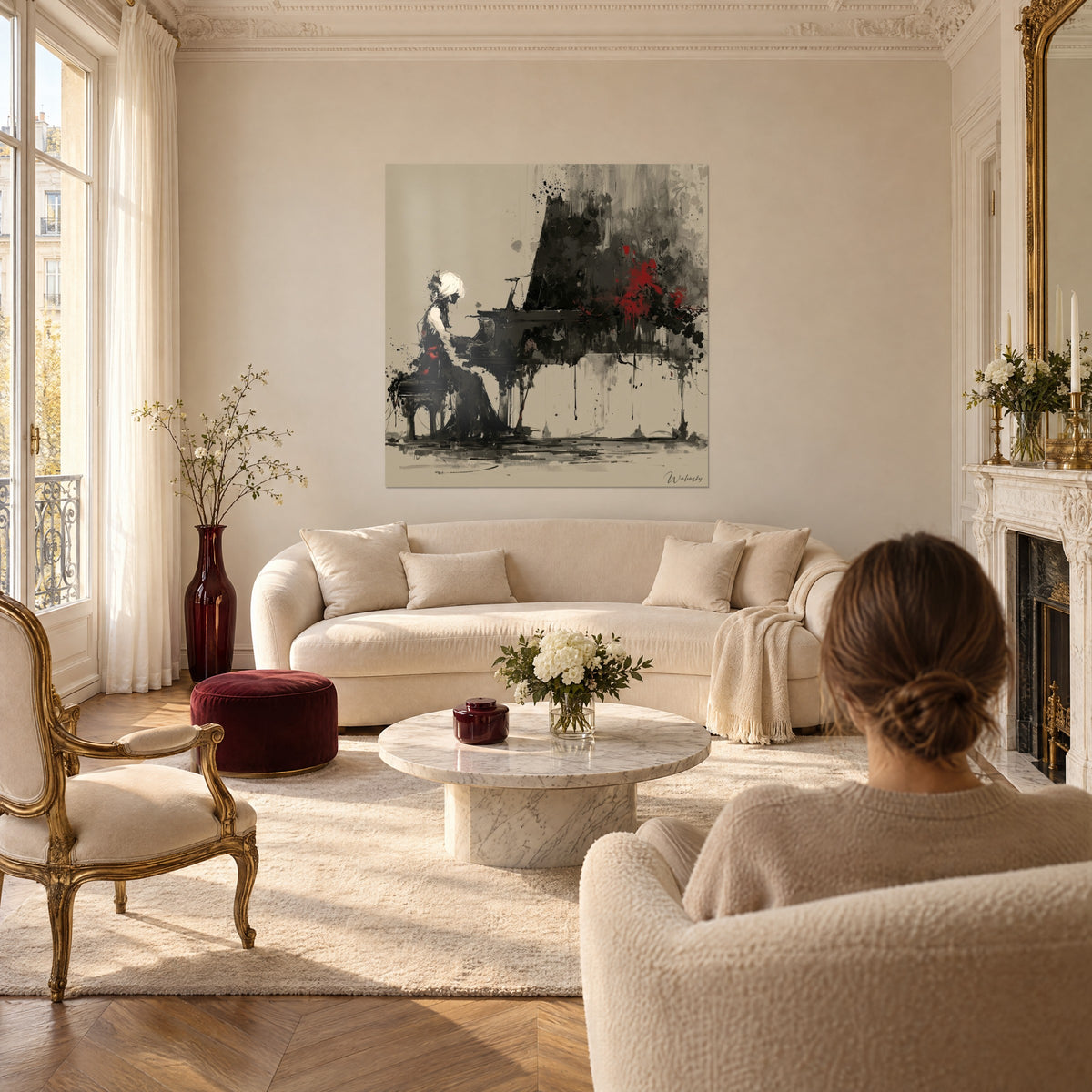 Wall art pianist with white hair, black dress and red belt, grand piano on beige, above a sofa in a bright living room