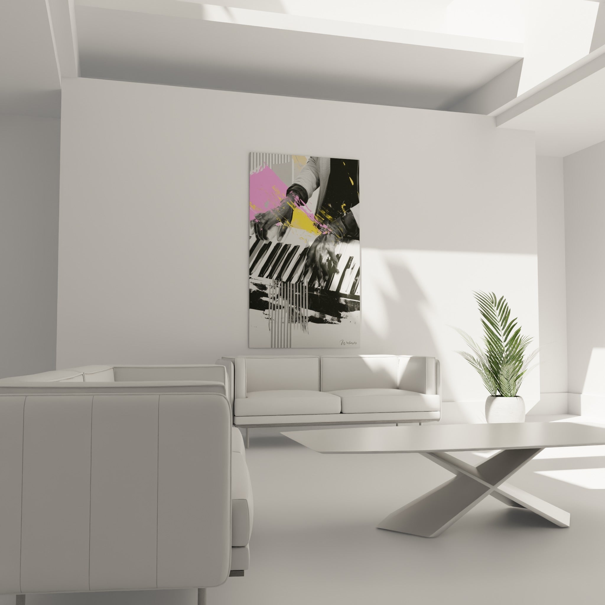 Piano en noir et blanc traversé d'éclats fuchsia et jaunes, au-dessus d'un canapé dans un salon lumineux
