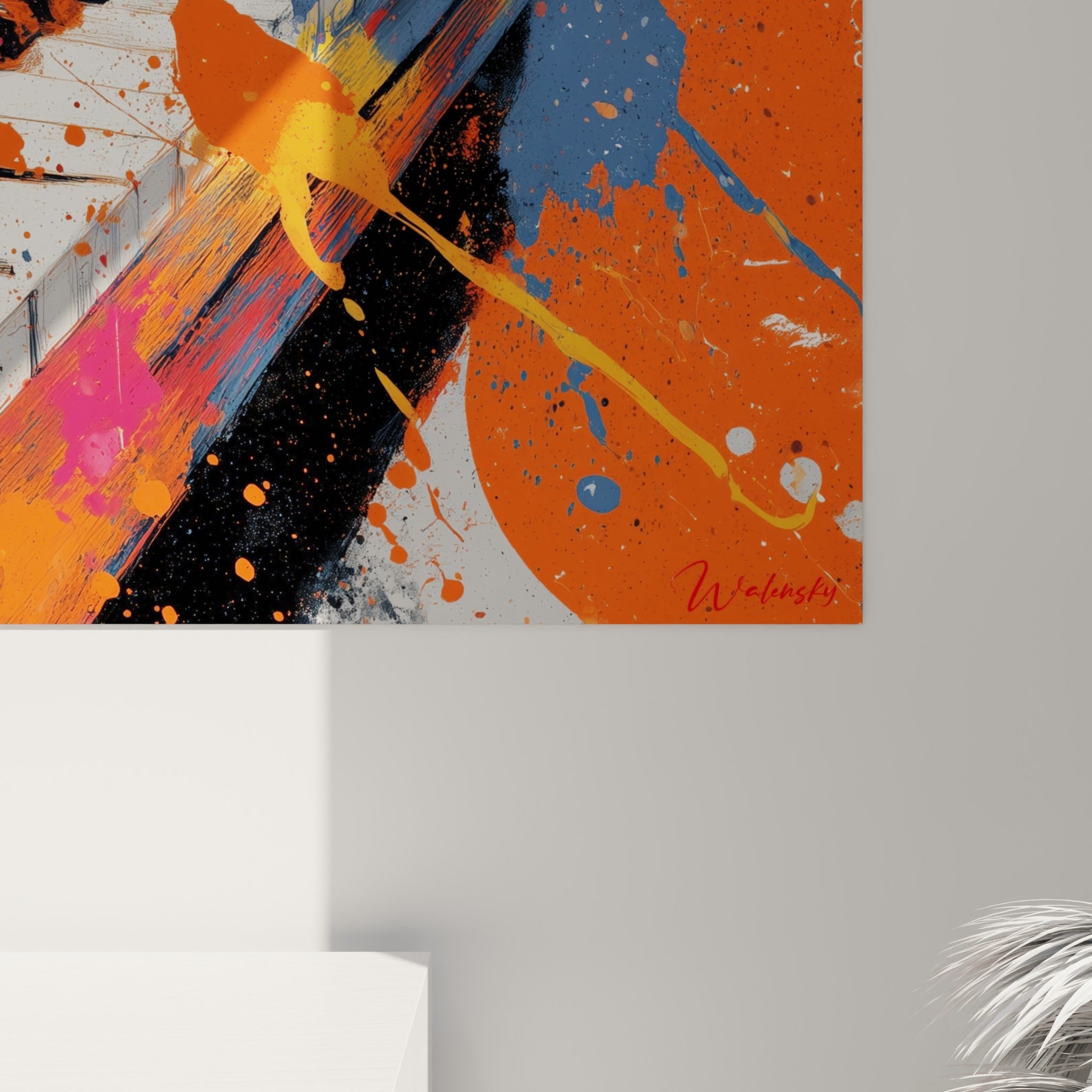 Empâtements orange et bleu marine se mêlant en coulures épaisses sur les touches noires du piano