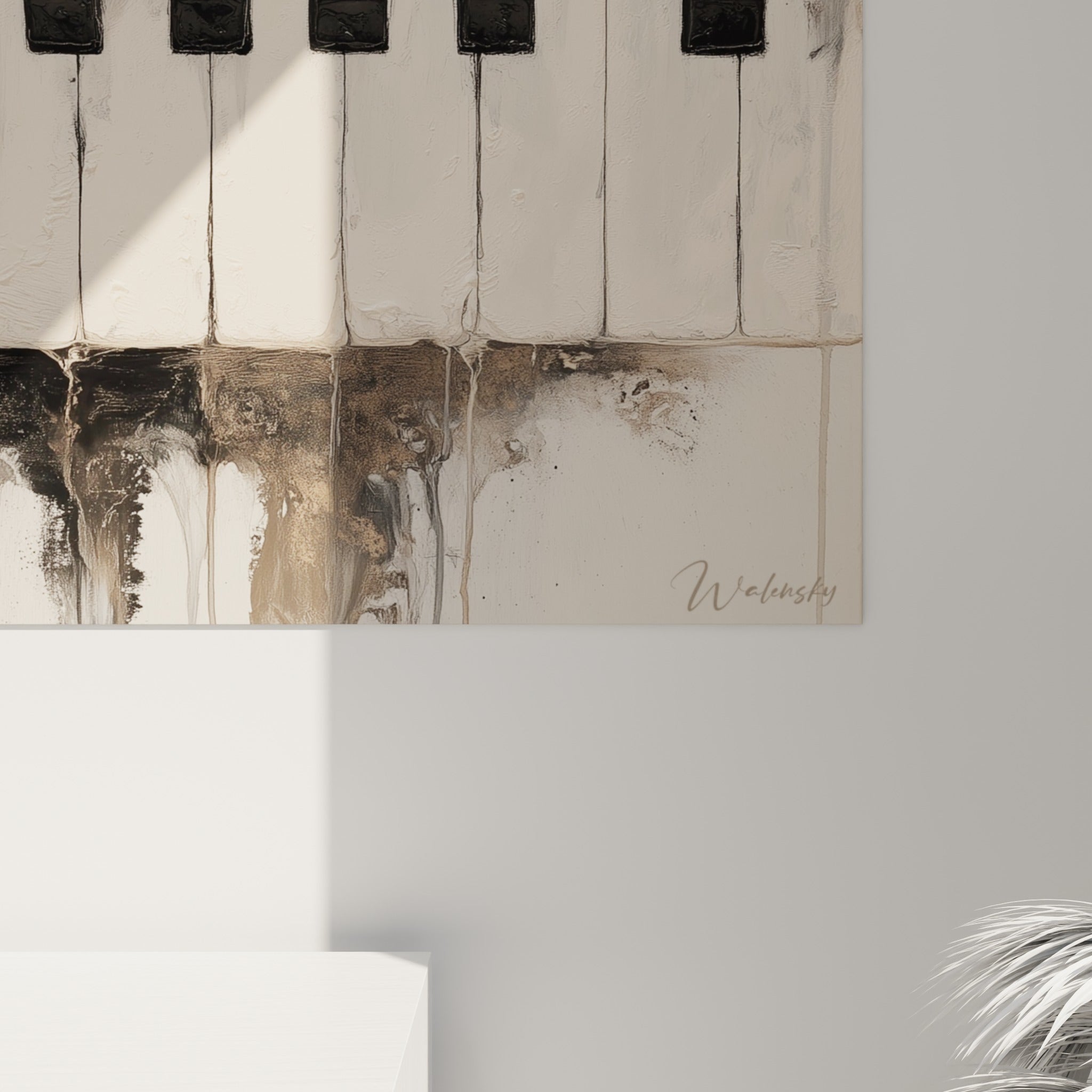 Grain de peinture sur les touches noires et ivoire du tableau Musique, coulures brunes et empâtements visibles
