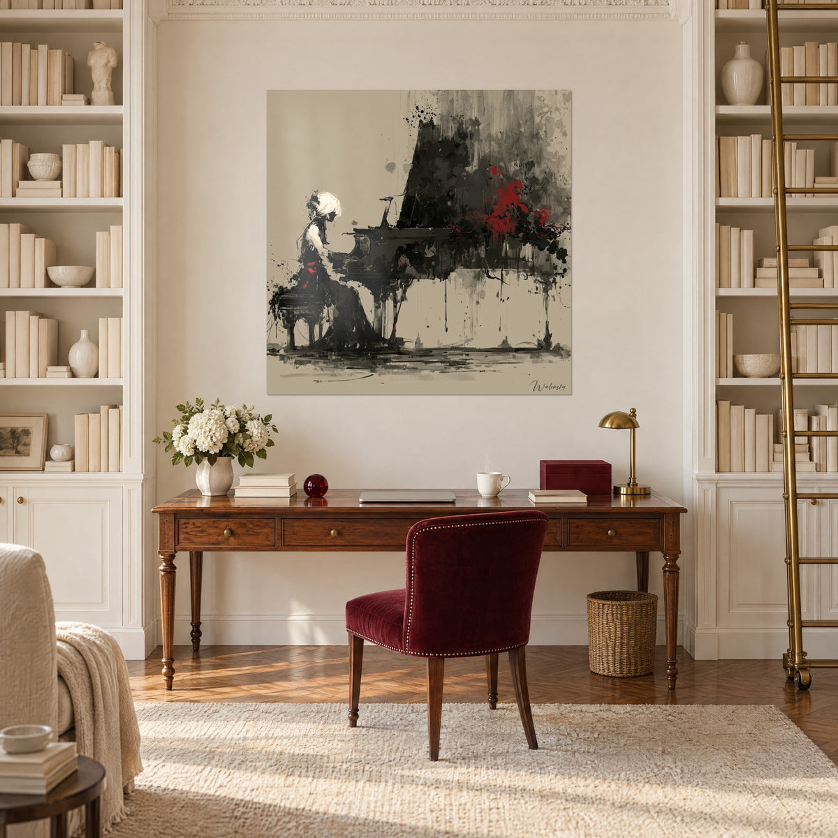 Wall art silhouette of a pianist in a long dress, sanded beige background and black ink trails, above a wooden desk between two bookcases