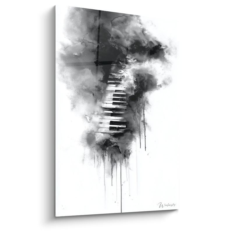 Tableau Musique clavier noir et blanc encre diluée - Coulures d'encre - Edition Musique