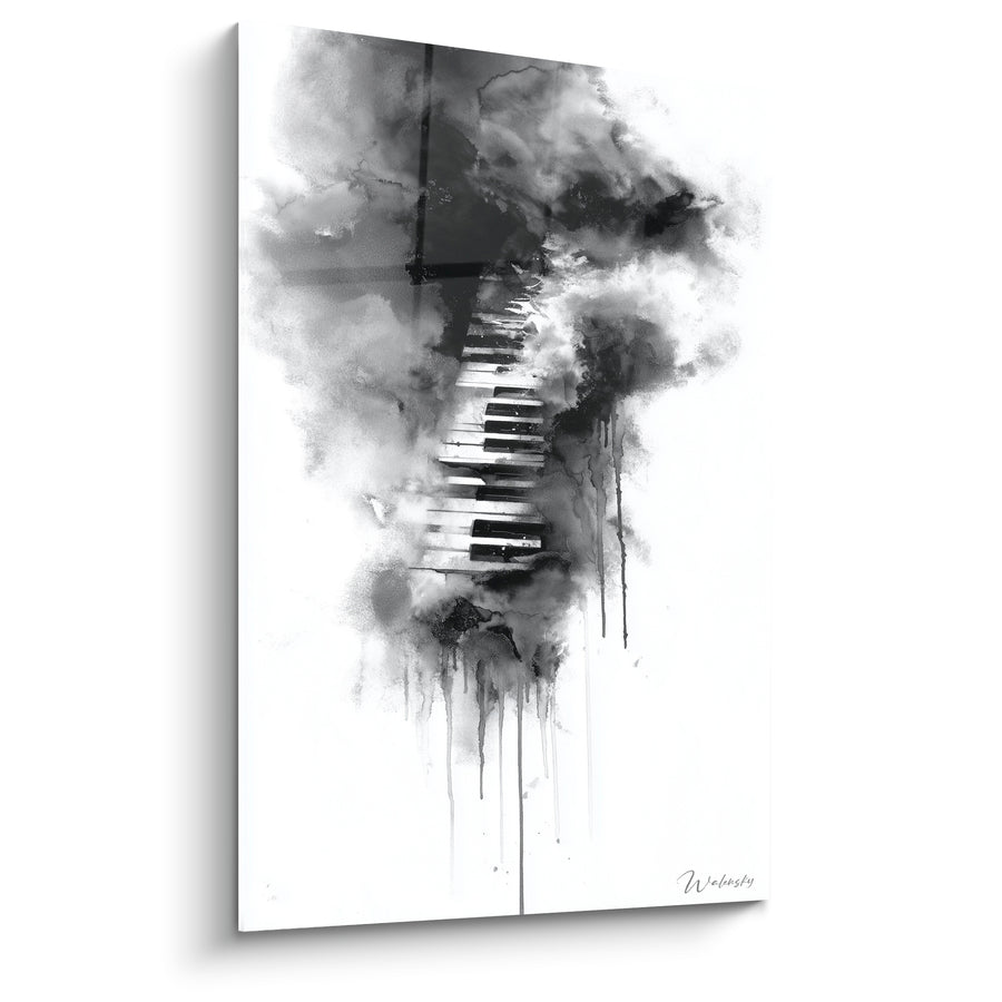 Tableau Musique clavier noir et blanc encre diluée - Coulures d'encre - Edition Musique