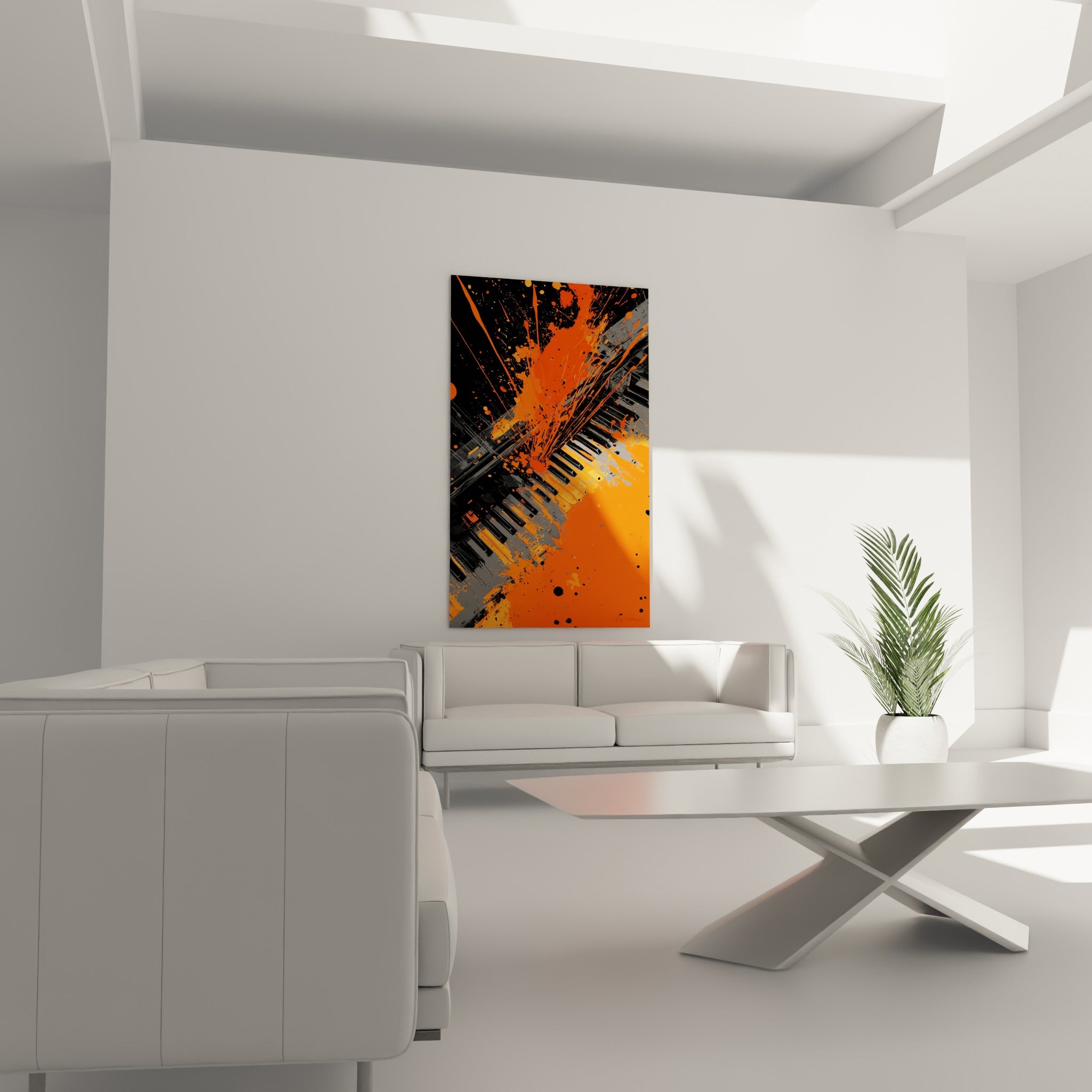 Explosion picturale orange et grise sur un clavier de piano, au-dessus d'un canapé dans un salon lumineux