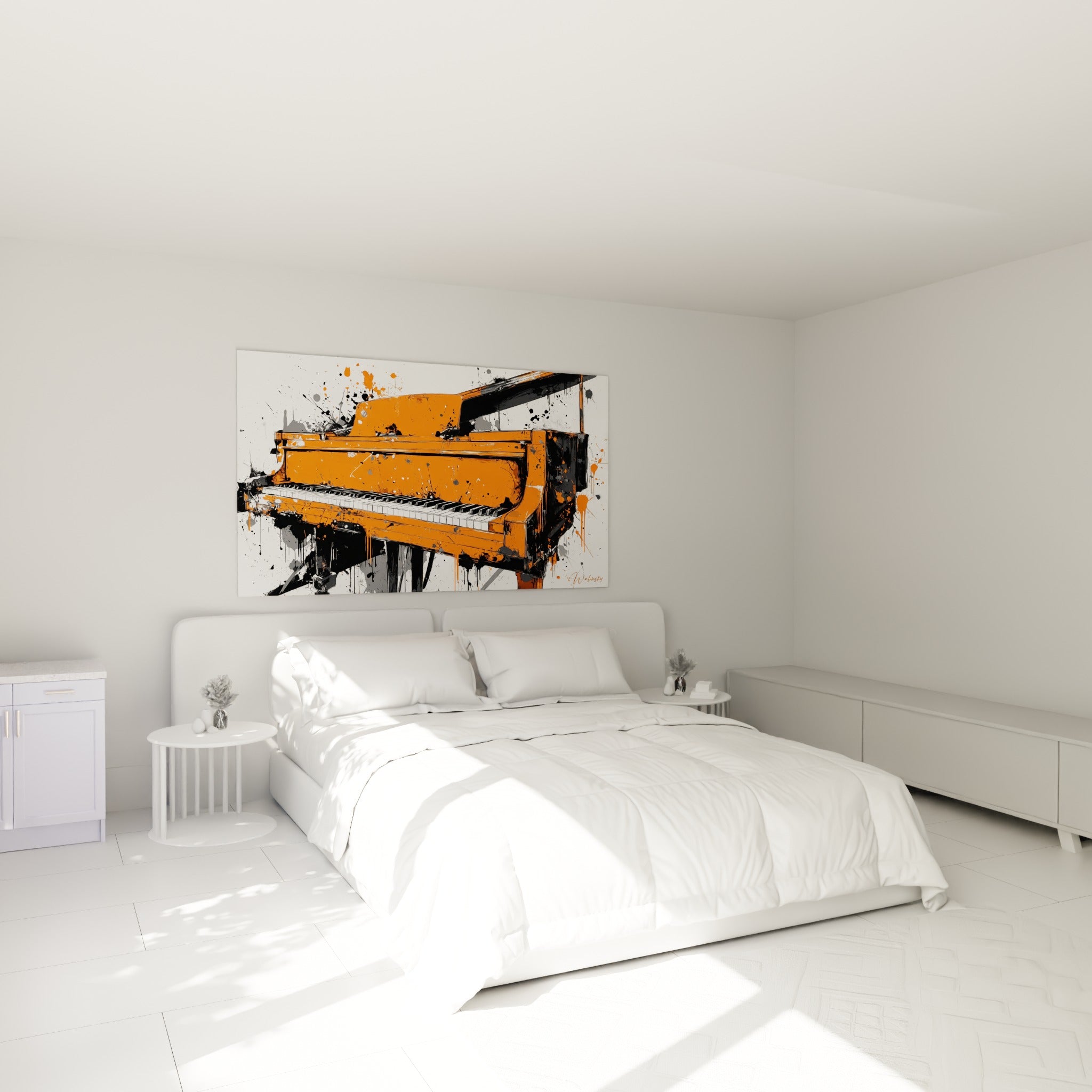 Piano orange aux éclaboussures noires et grises, au-dessus d'un lit dans une chambre claire