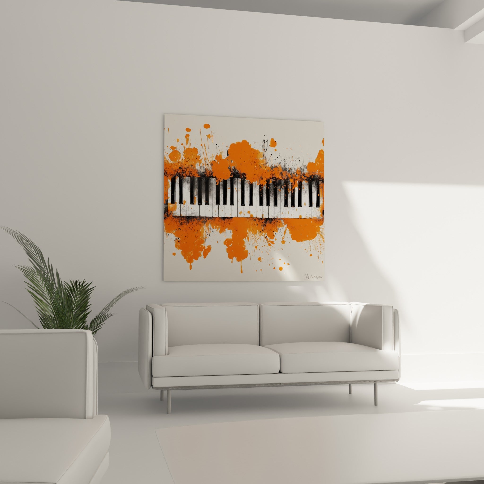Musique touches de piano noires et blanches jaillissant d'éclaboussures orange, au-dessus d'un canapé dans un salon lumineux