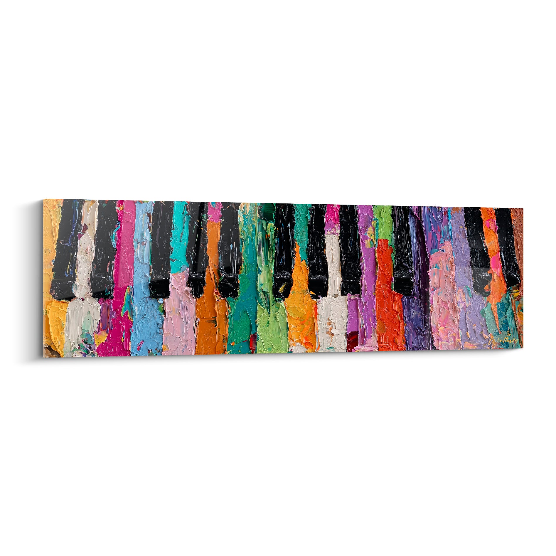 Clavier de piano peint en touches fauve, turquoise et violettes, empâtements épais sur toile allongée