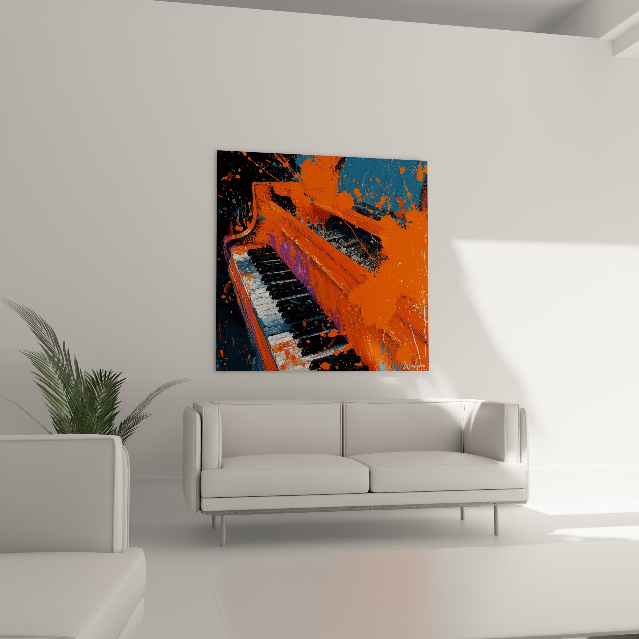 Instrument de musique traité en orange incandescent et violet doux, au-dessus d'un canapé dans un salon lumineux