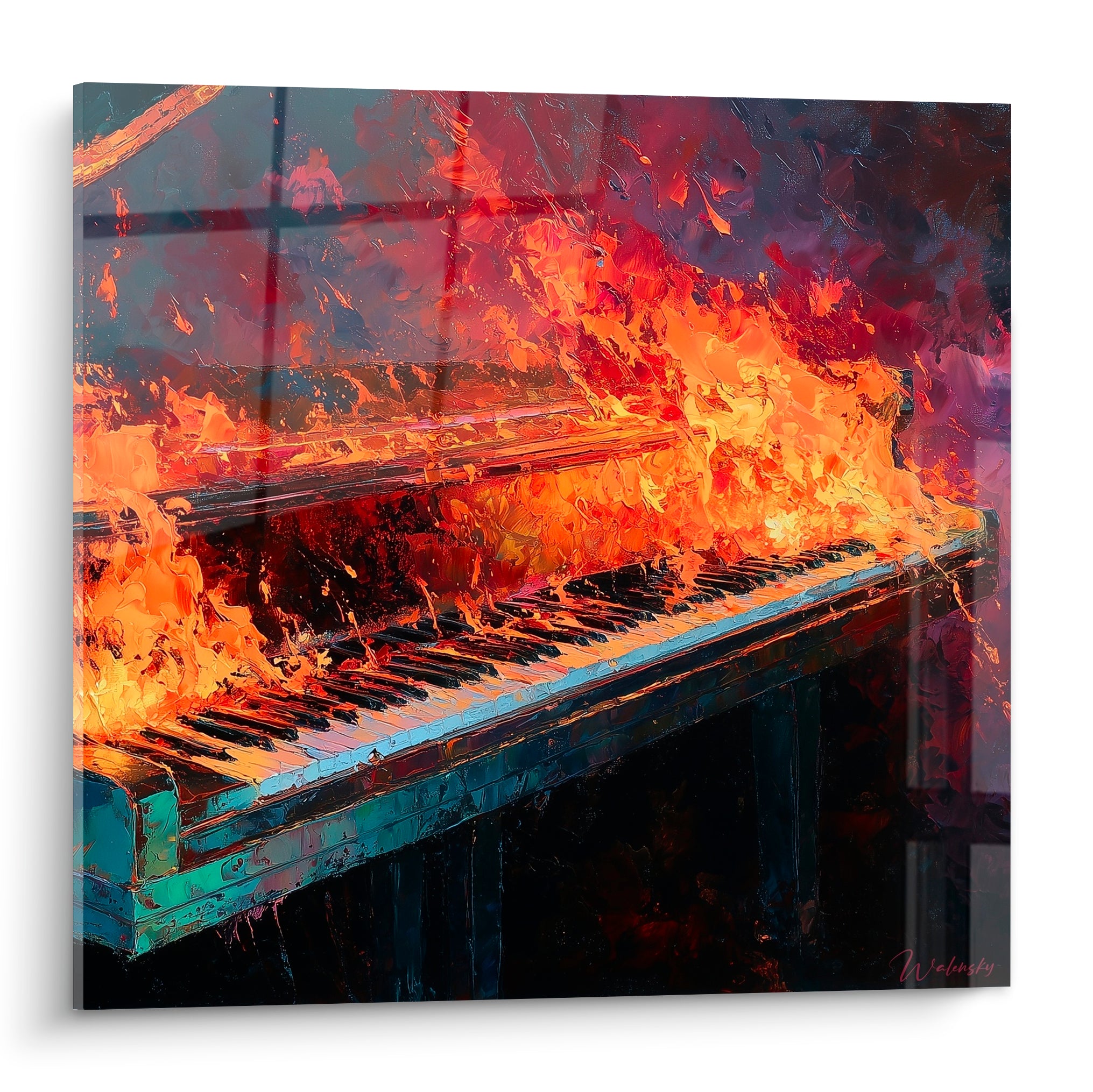 Piano à queue Musique embrasé de flammes orange et violettes, clavier noir et blanc visible sous le feu