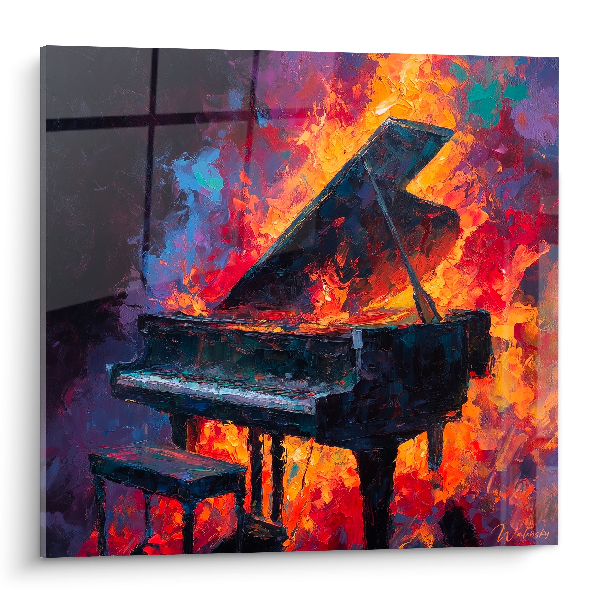 Piano à queue noir enflammé de touches orangées, violettes et bleues sur toile picturale expressive