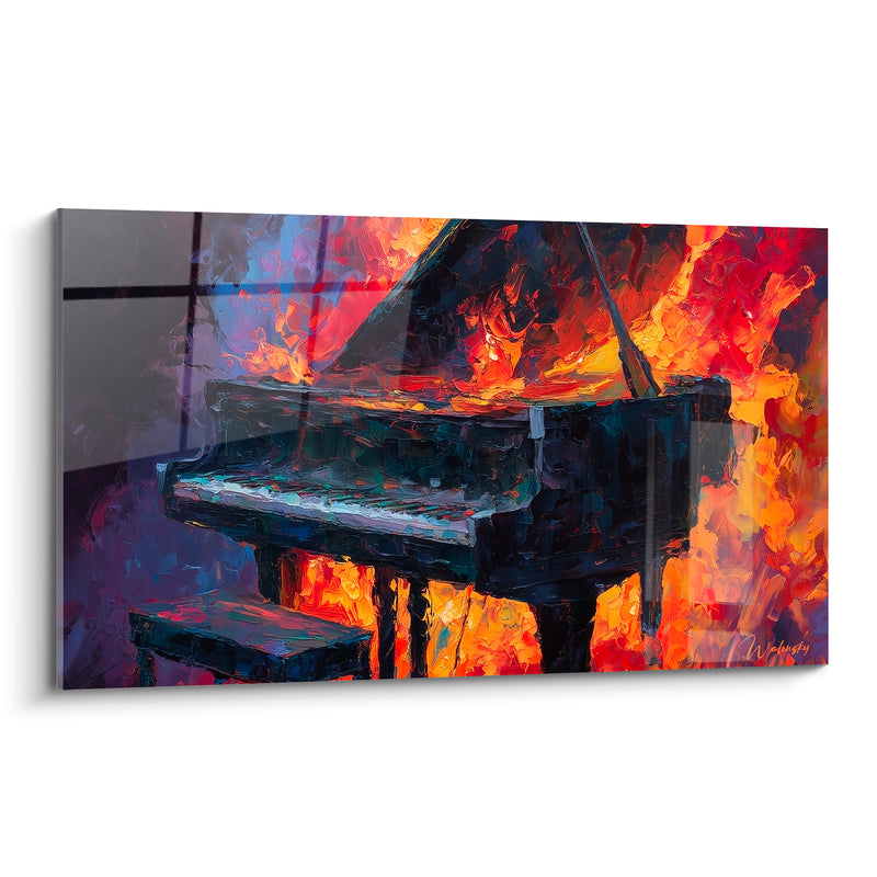 Tableau Musique piano noir couvercle ouvert brasier ardent - Tabouret assorti aux flammes - Edition Musique