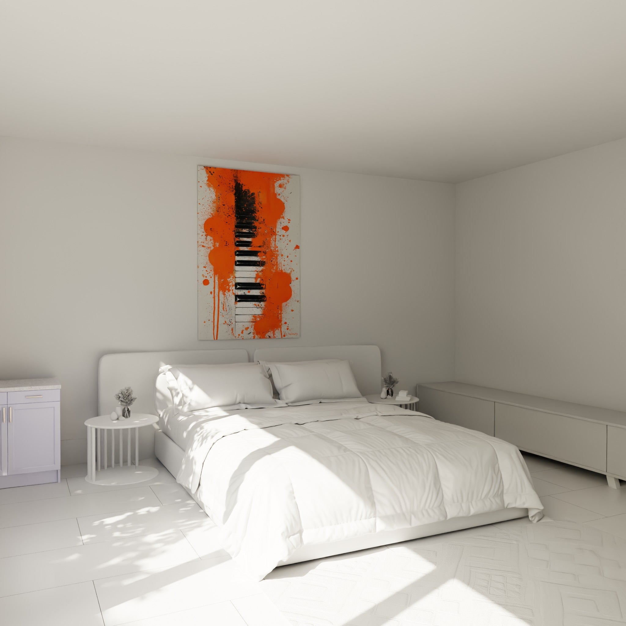 Touches de piano noires éclaboussées d'orange fluorescent accrochées au-dessus d'un lit dans une chambre claire