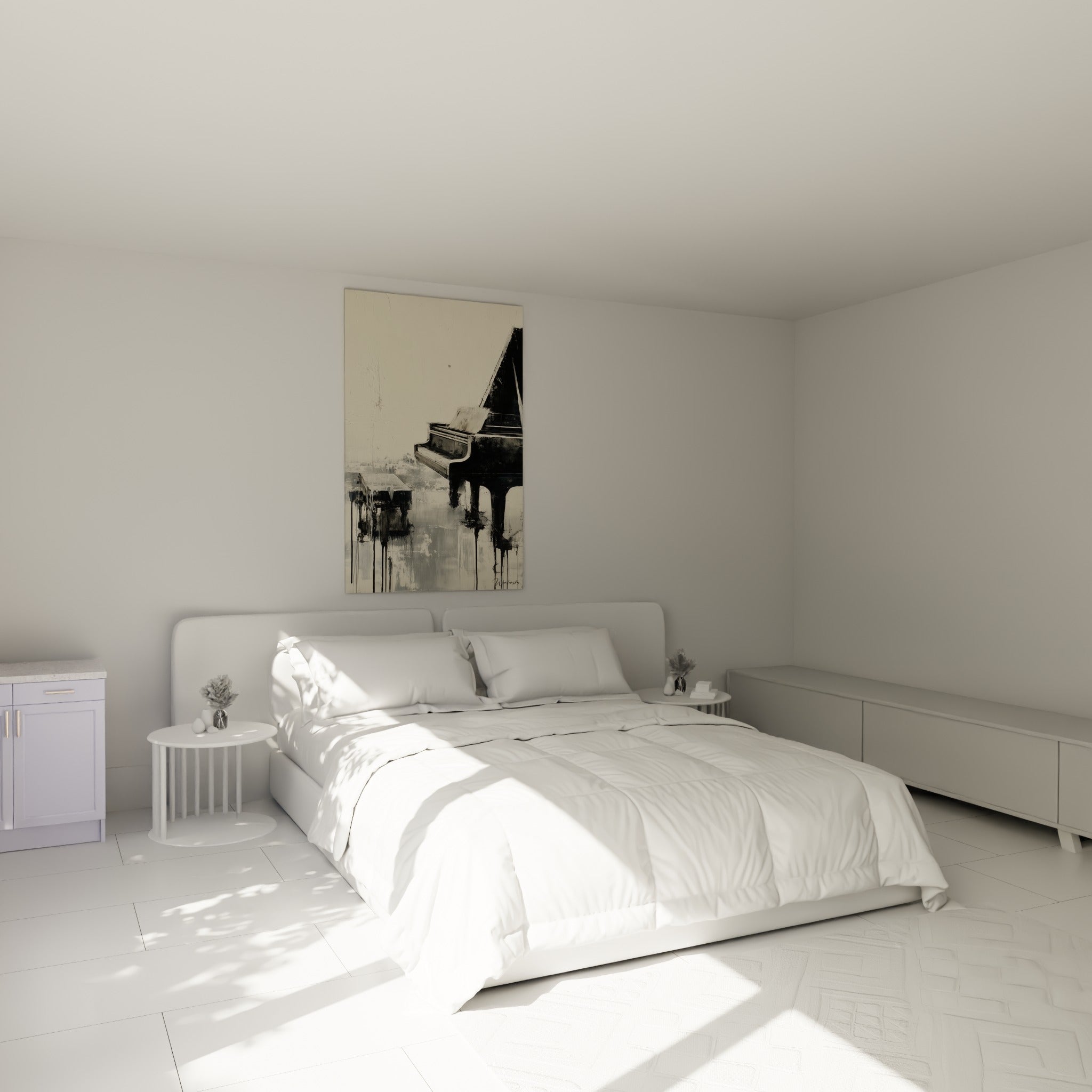 Piano noir et blanc cassé aux coulures fluides, accroché au-dessus d'un lit dans une chambre claire