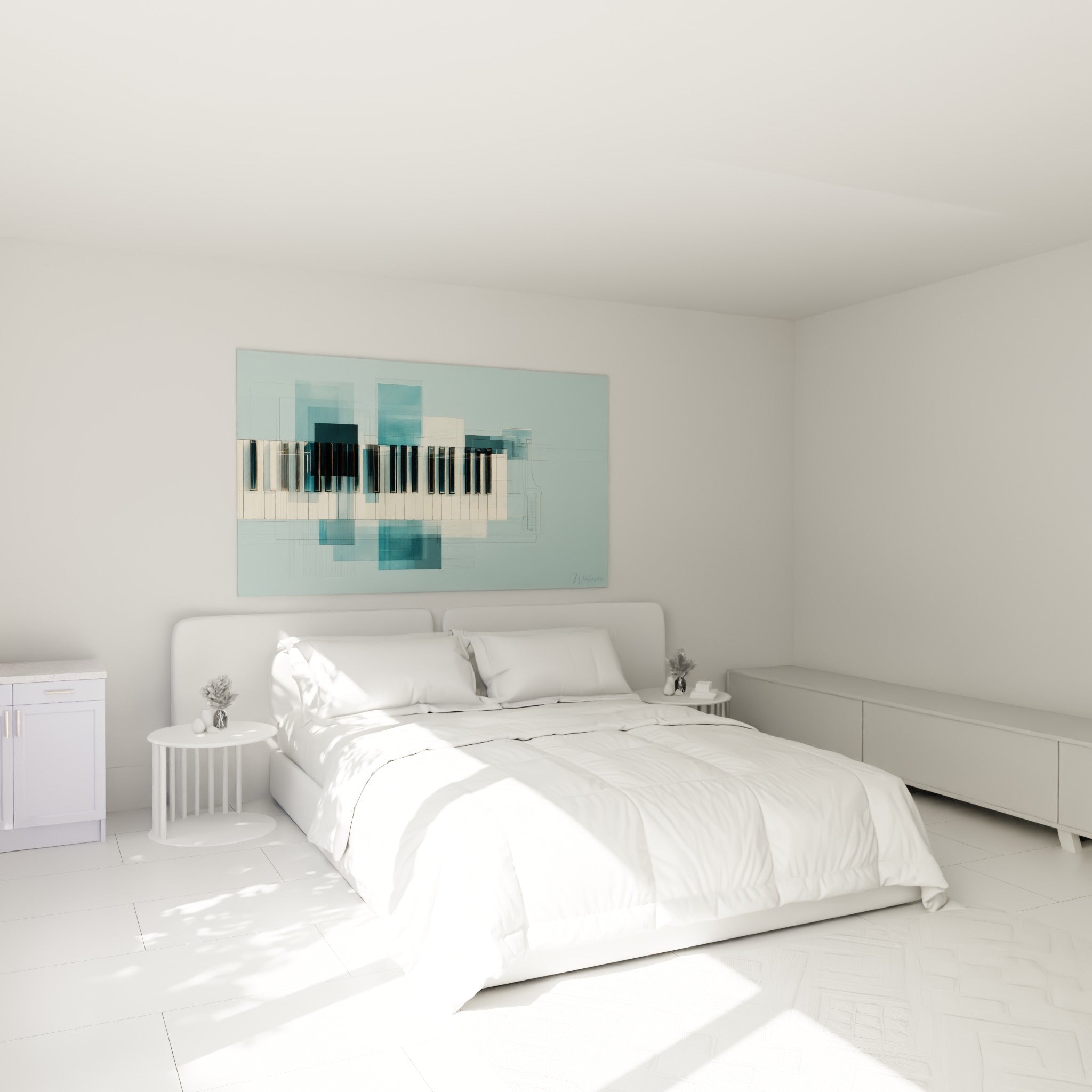 Touches de piano ivoire et bleu pétrole superposées de rectangles anthracite, au-dessus d'un lit dans une chambre claire