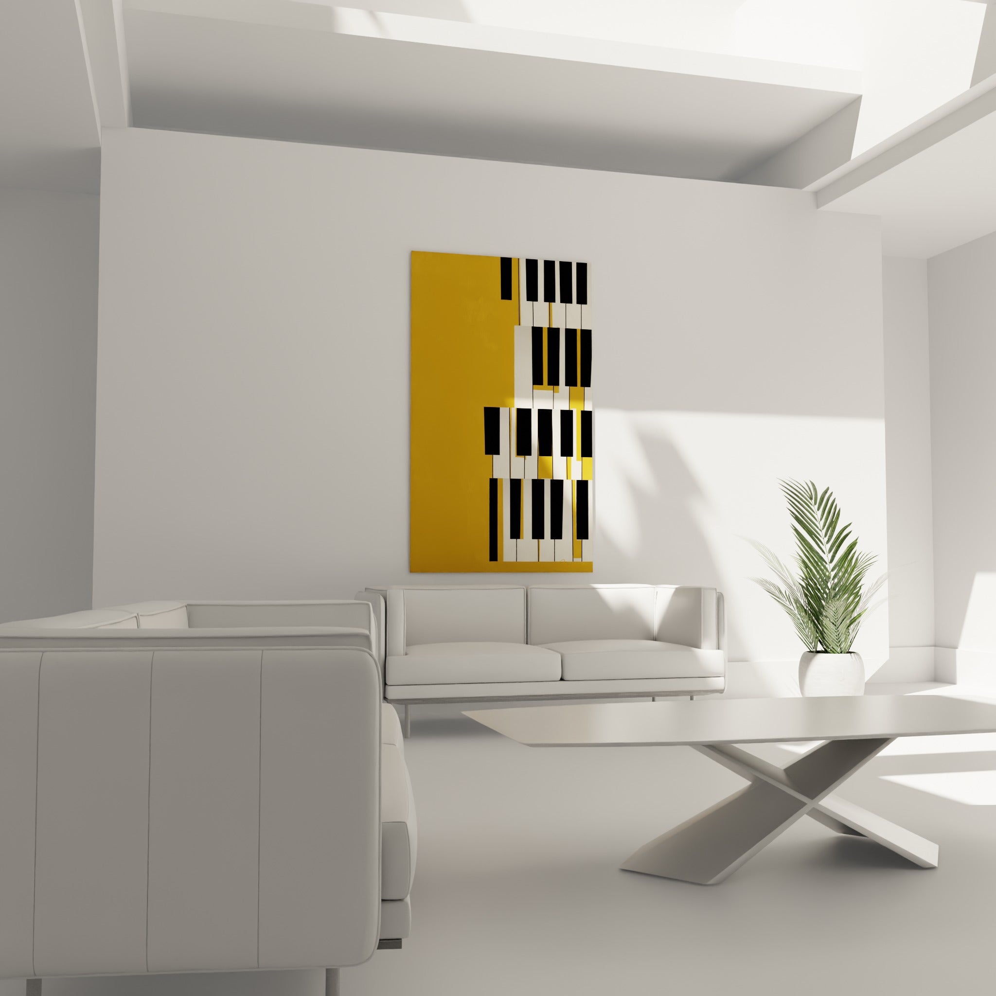 Touches de piano noires et blanches sur fond doré, suspendues au-dessus d'un canapé dans un salon lumineux