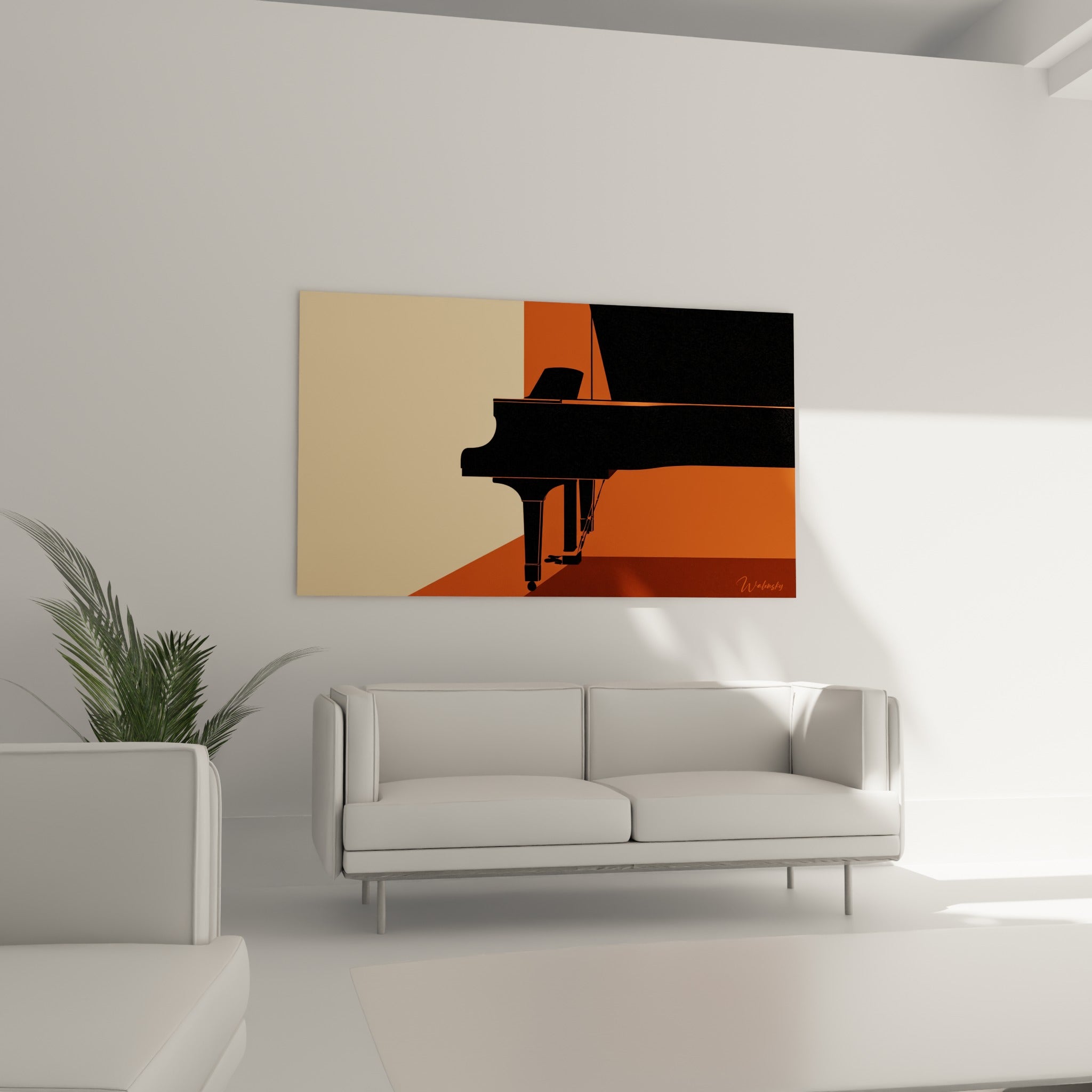 Silhouette sombre du piano contrastant avec des tons ocre et beige, au-dessus d'un canapé dans un salon lumineux