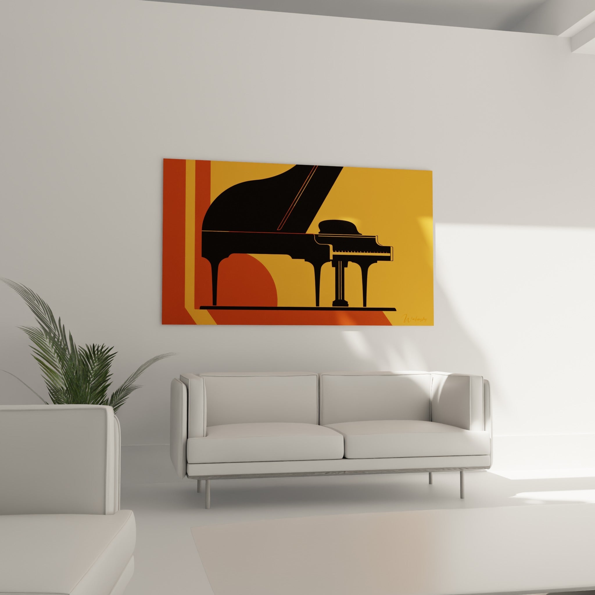 Silhouette du piano à queue noire sur fond orangé vif, disposée au-dessus d'un canapé dans un salon lumineux