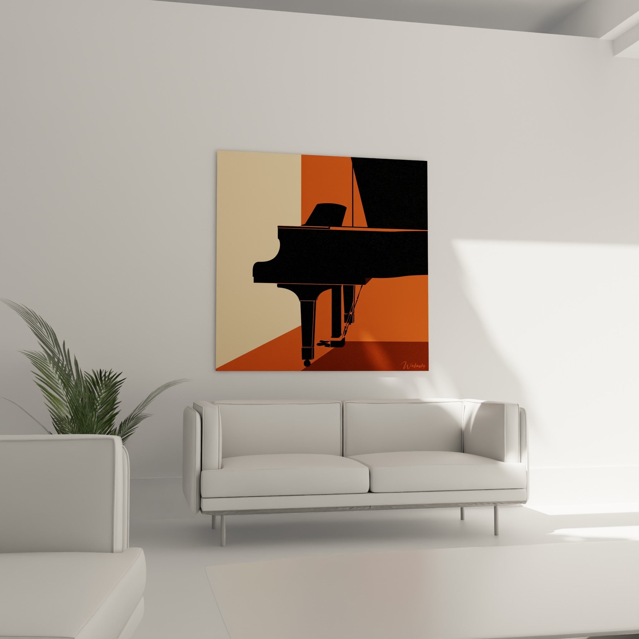 Instrument noir découpé sur fond terracotta et beige, disposé au-dessus d'un canapé dans un salon lumineux