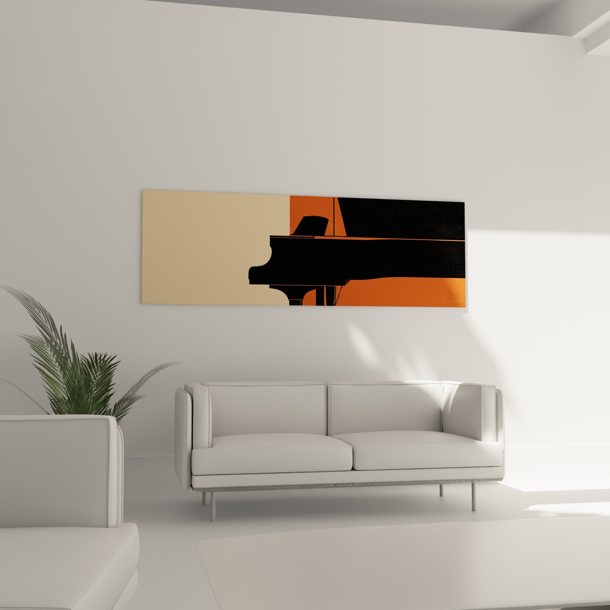 Piano à queue graphique en noir et terracotta, tableau musique disposé au-dessus d'un canapé dans un salon lumineux