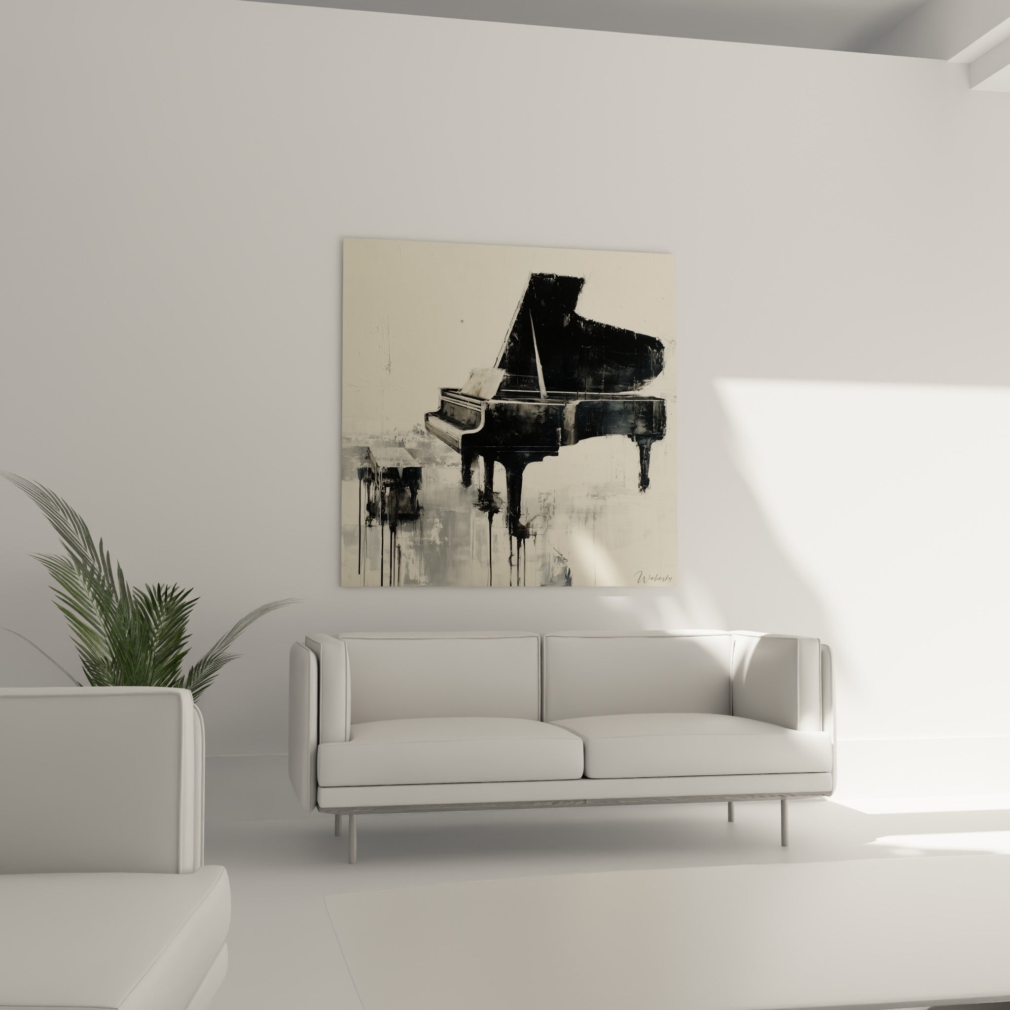 Silhouette sombre du piano à queue, contrastes noir et ivoire, au-dessus d'un canapé dans un salon lumineux