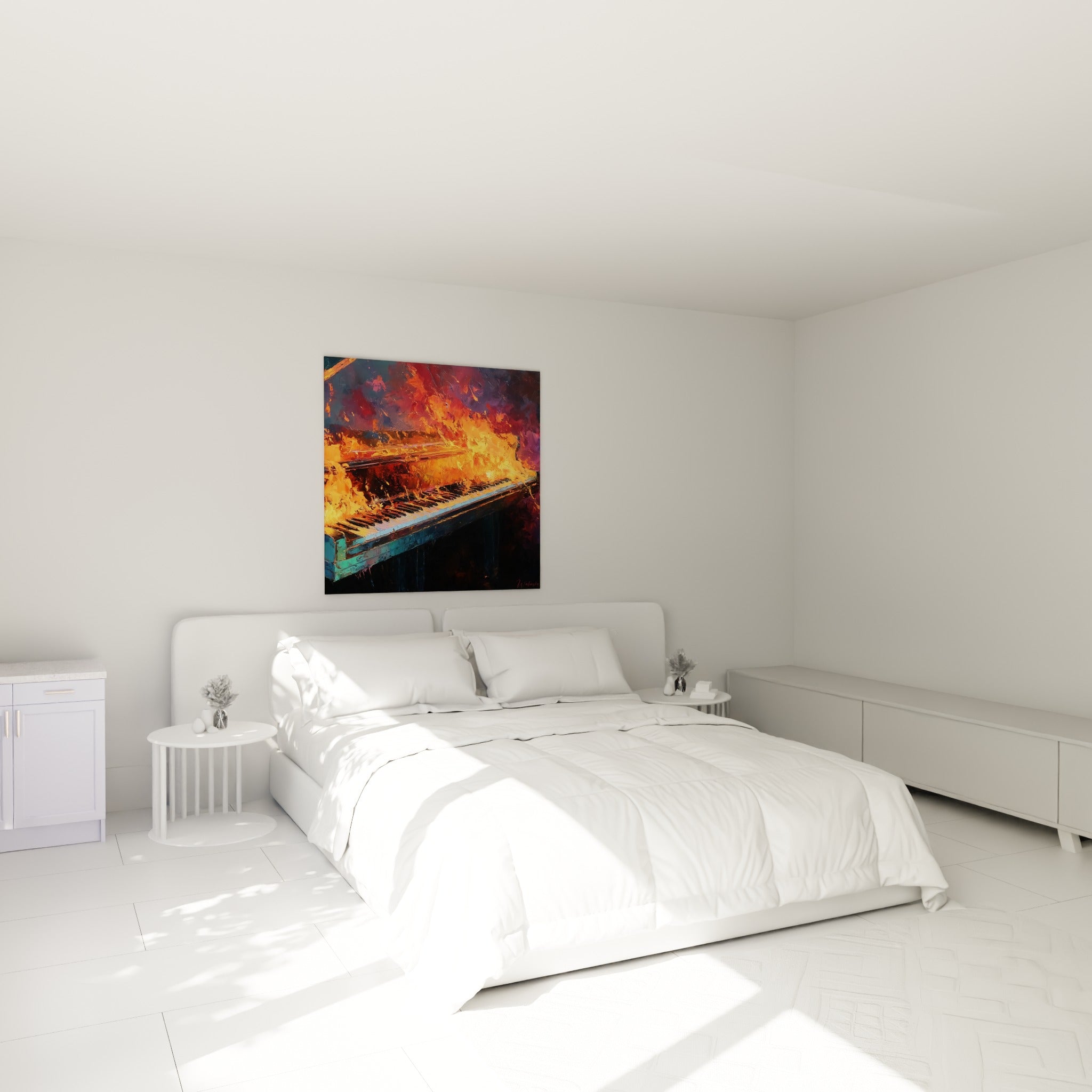 Flammes orange et bleu turquoise enveloppant un piano Musique, accroché au-dessus d'un lit dans une chambre claire