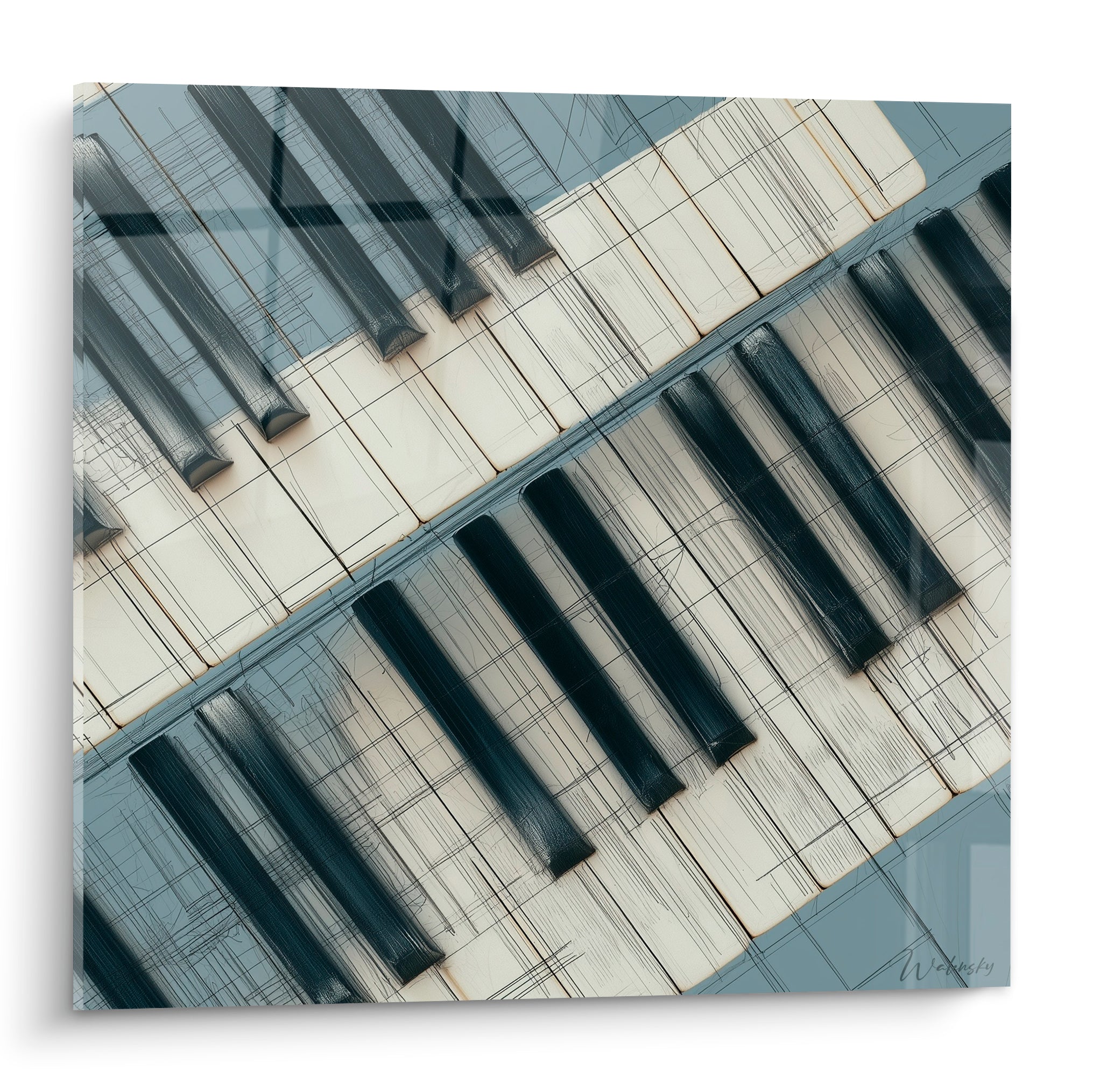 Clavier de piano en diagonale, touches ivoire et anthracite, traits esquissés sur fond bleu gris