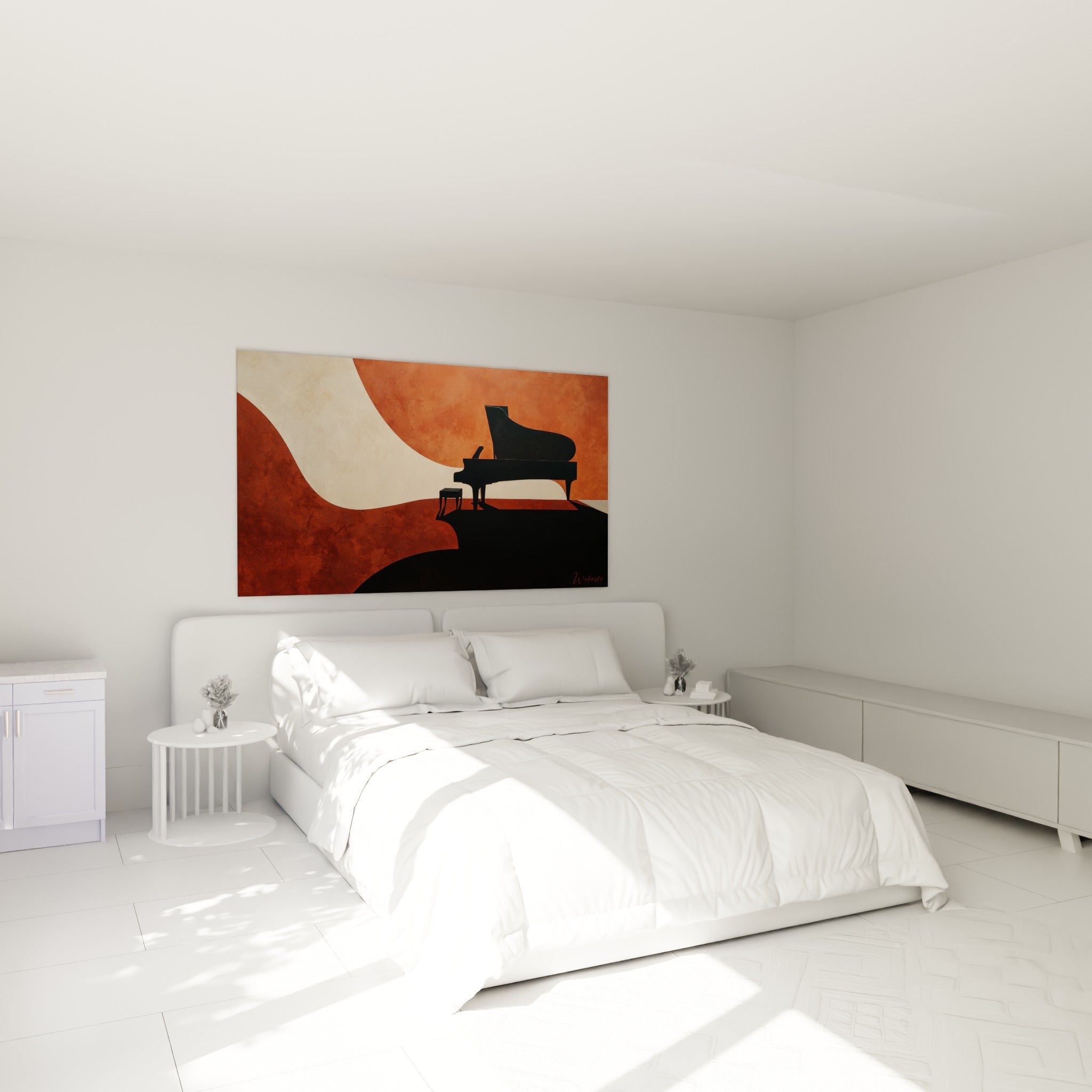 Silhouette de piano noir traversée de lumière ivoire, tableau Musique au-dessus d'un lit dans une chambre claire