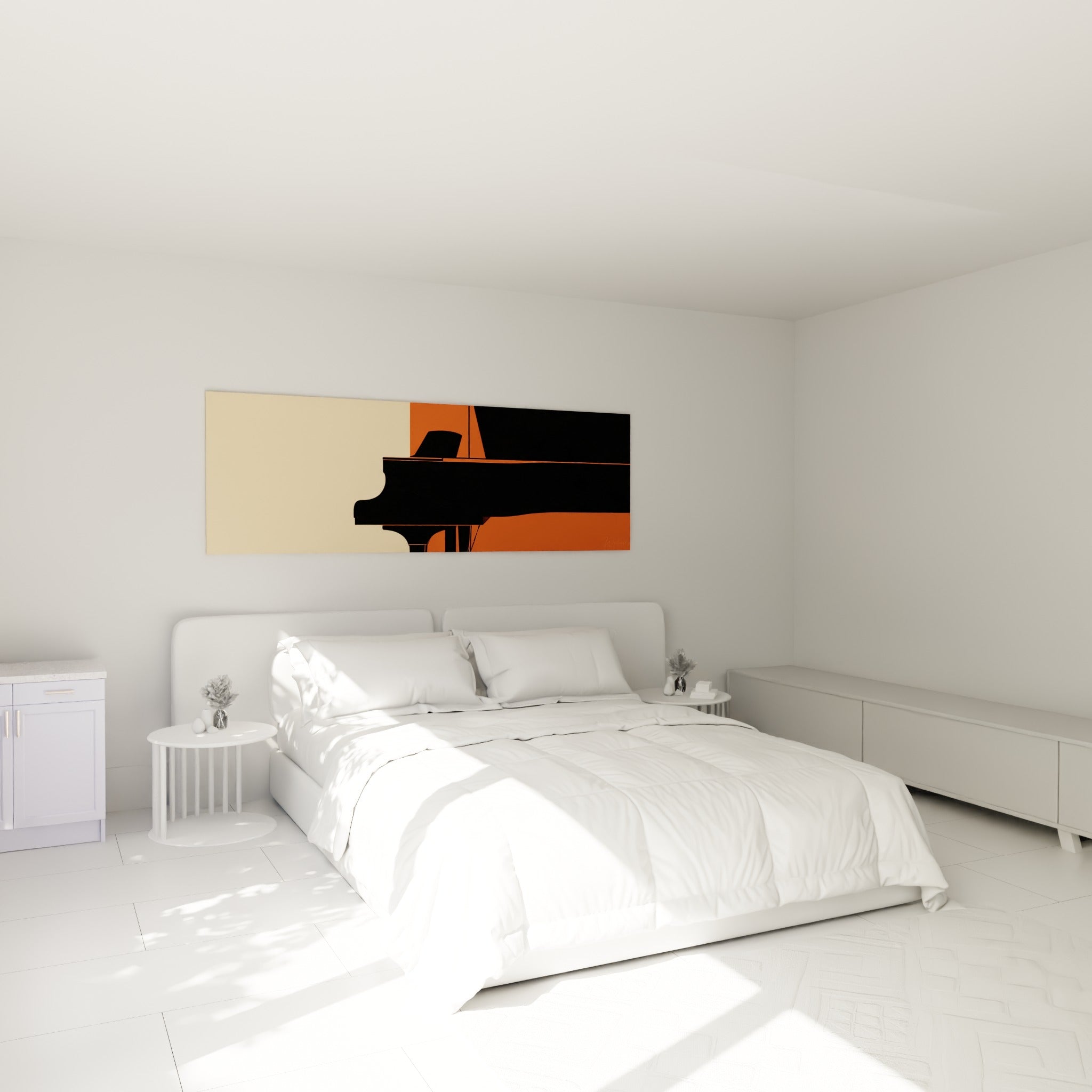 Silhouette de piano noir sur fond terracotta, tableau musique accroché au-dessus d'un lit dans une chambre claire