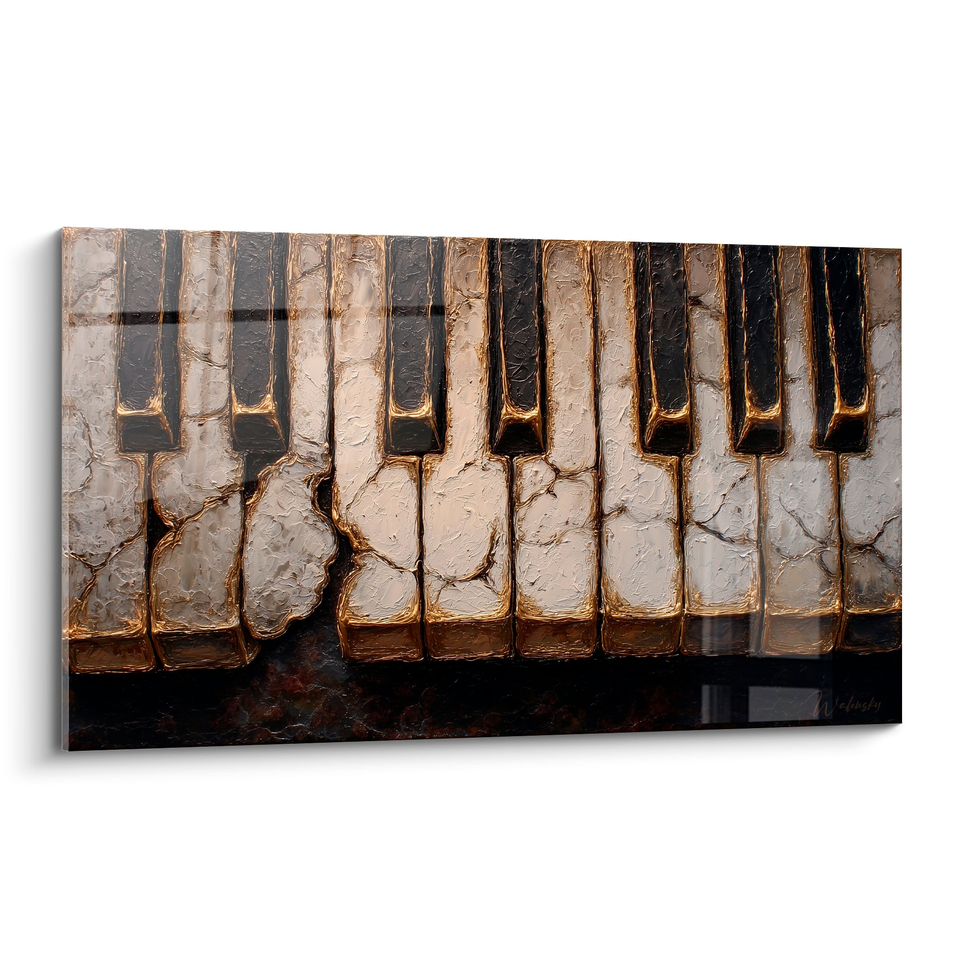 Touches de piano ivoire craquelé et doré, texture empâtée sur fond anthracite profond