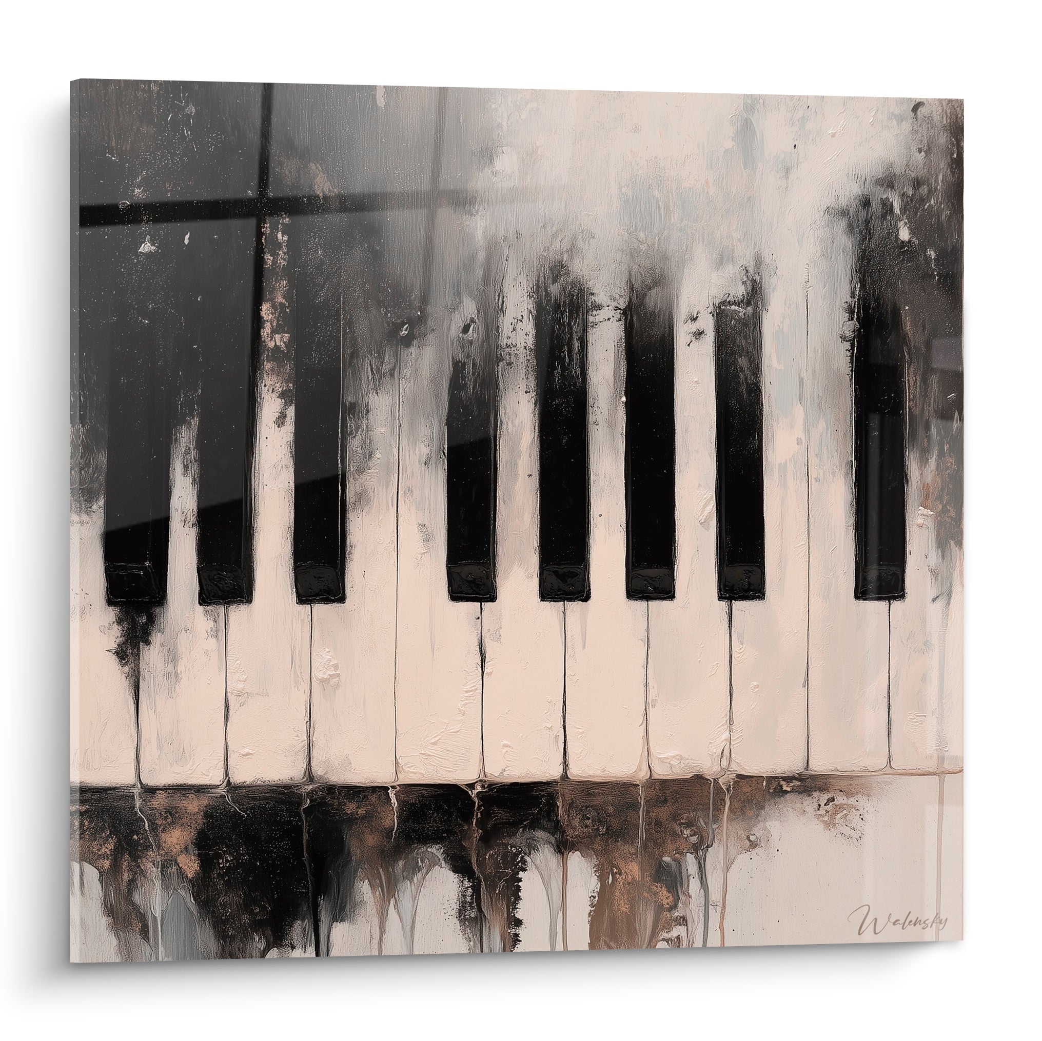 Clavier de piano Musique aux touches noir et ivoire, empâtements et coulures brun terracotta texturées