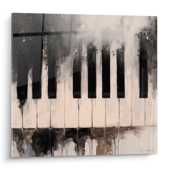 Clavier de piano Musique aux touches noir et ivoire, empâtements et coulures brun terracotta texturées