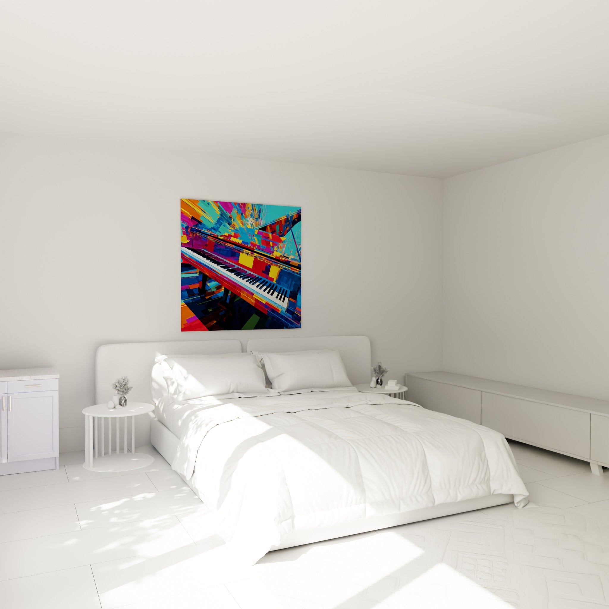 Piano coloré aux touches turquoise et magenta au-dessus d'un lit dans une chambre claire