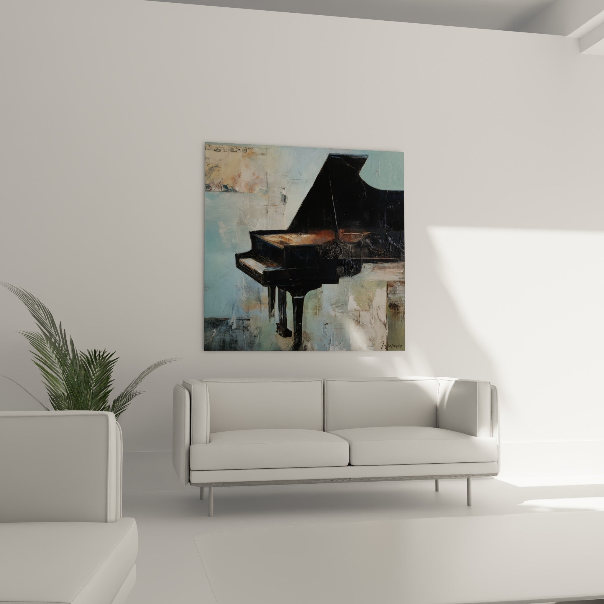 Instrument noir sur fond bleu pâle et beige accroché au-dessus d'un canapé dans un salon lumineux