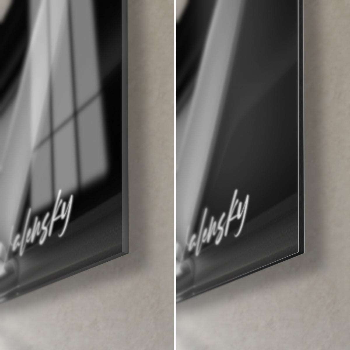 Schilderij zwart-wit toetsenbord, rechtsonder: glanzend acrylglas met grijze reflecties, mat Dibond, 3 mm dikte