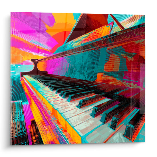 Piano à queue en couleurs magenta, turquoise et orange, hachures graphiques éclatantes sur toile