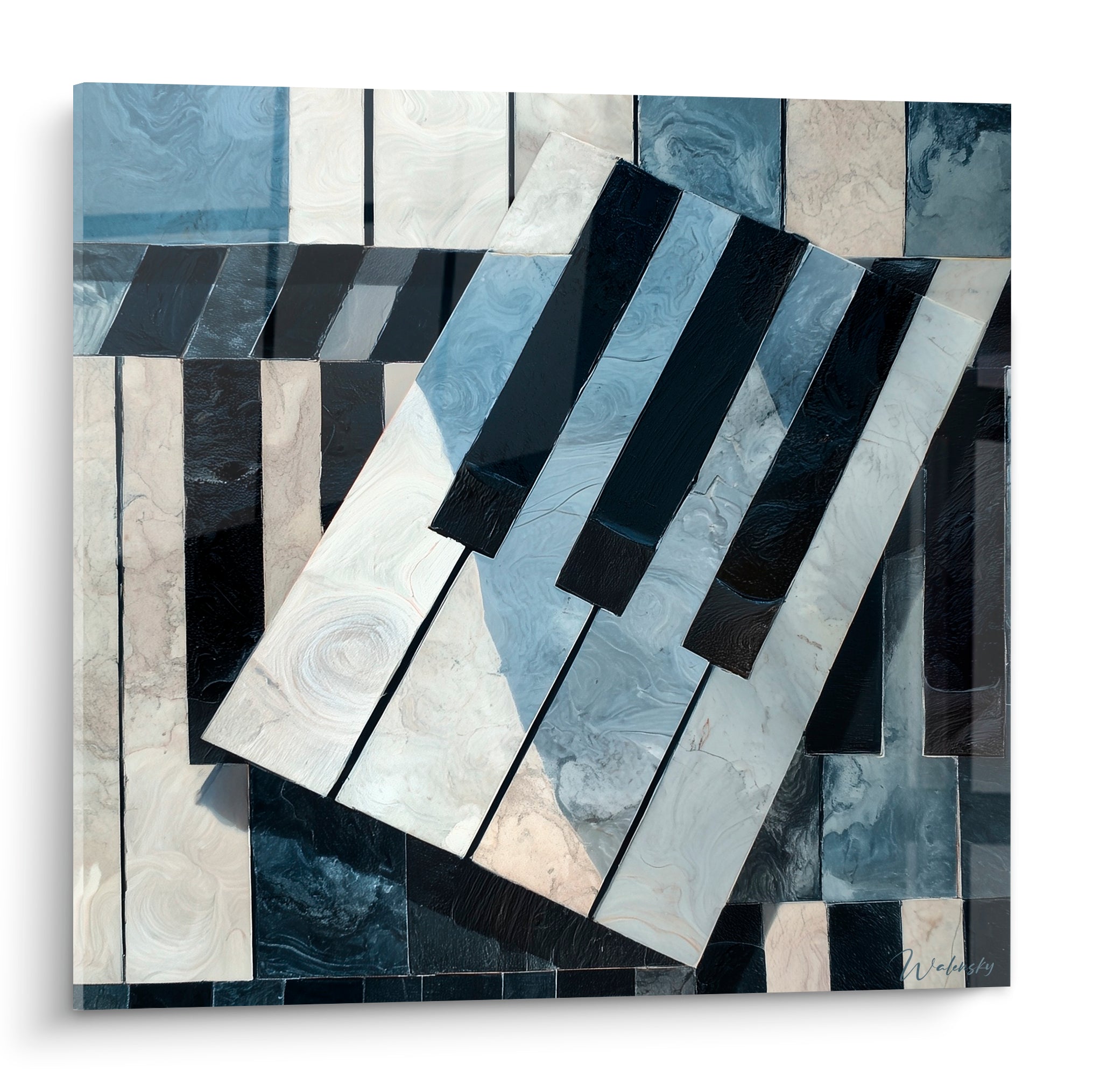 Touches de piano marbrées en anthracite et bleu ardoise, composition basculée en relief sur fond géométrique