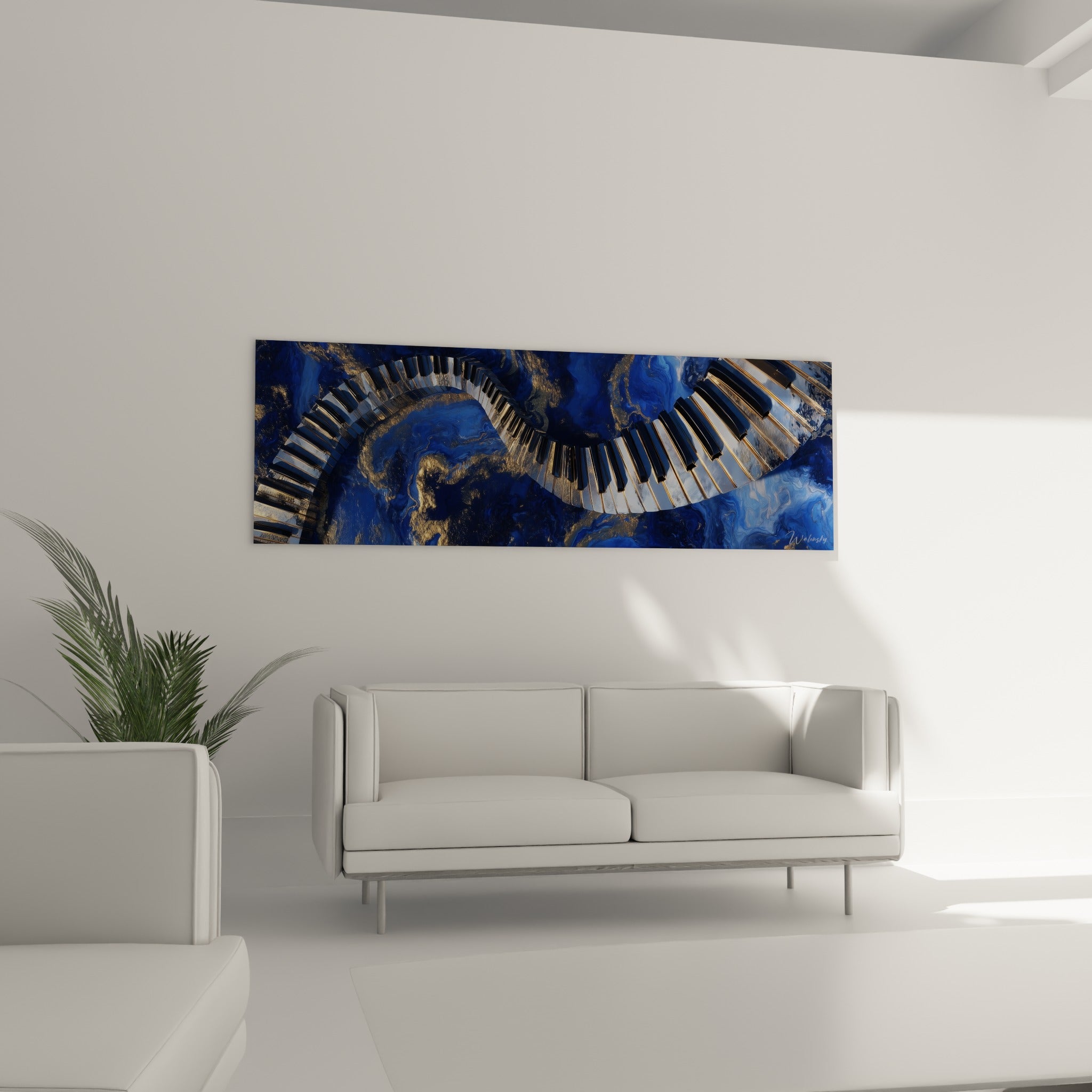 Ruban de touches noires et blanches sur fond bleu marine doré au-dessus d'un canapé dans un salon lumineux