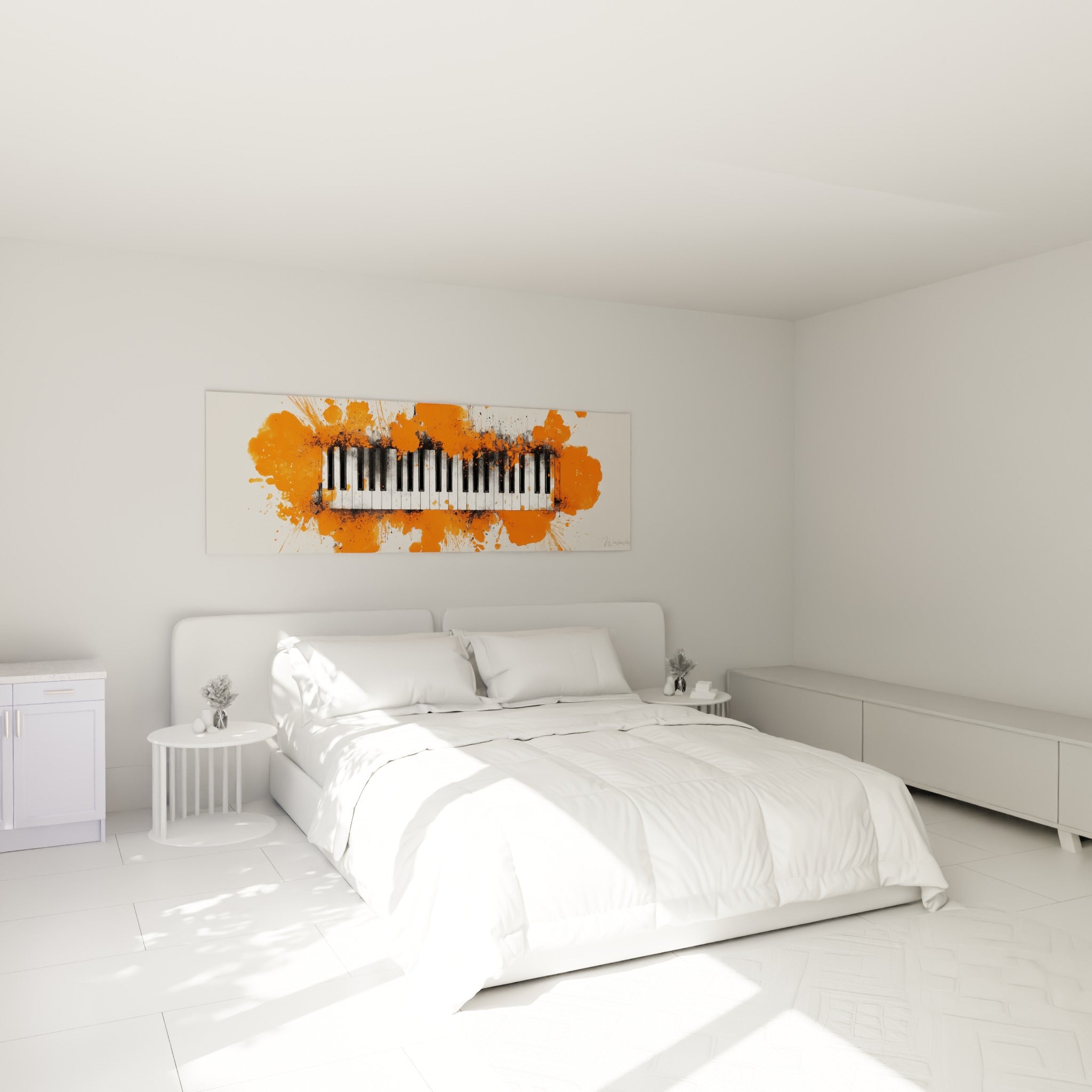 Piano éclaboussé d'orange et de noir, touches blanches nettes, au-dessus d'un lit dans une chambre claire