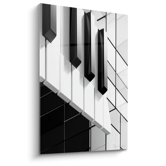 Musique en touches de piano noir et blanc, perspective diagonale et reflets sur clavier carrelé