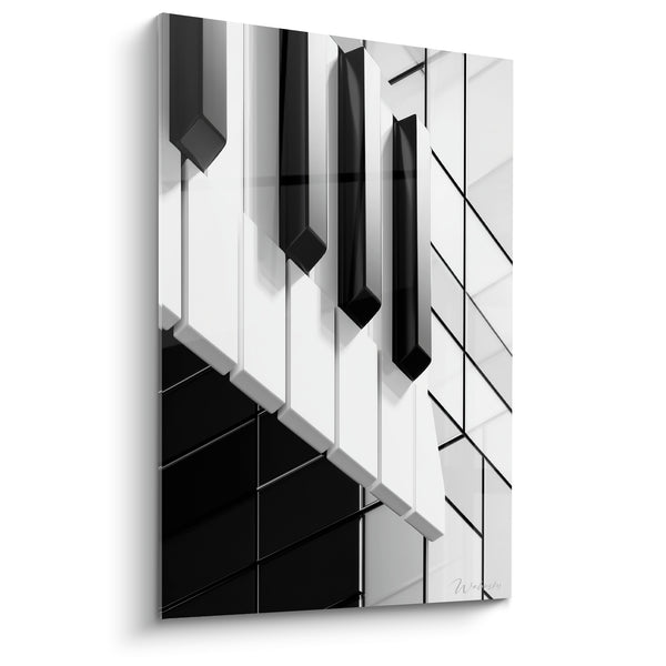 Cuadro Música blanco y negro teclas fracturadas espejo - Reflejo geométrico en damero - Edición Música