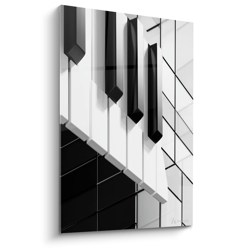 Tableau Musique noir et blanc touches fracturées miroir - Reflet géométrique en damier - Edition Musique