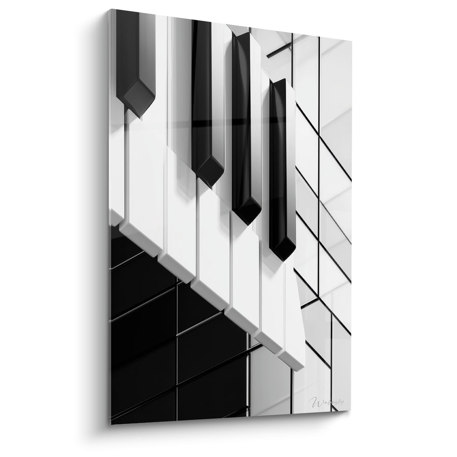 Tableau Musique noir et blanc touches fracturées miroir - Reflet géométrique en damier - Edition Musique